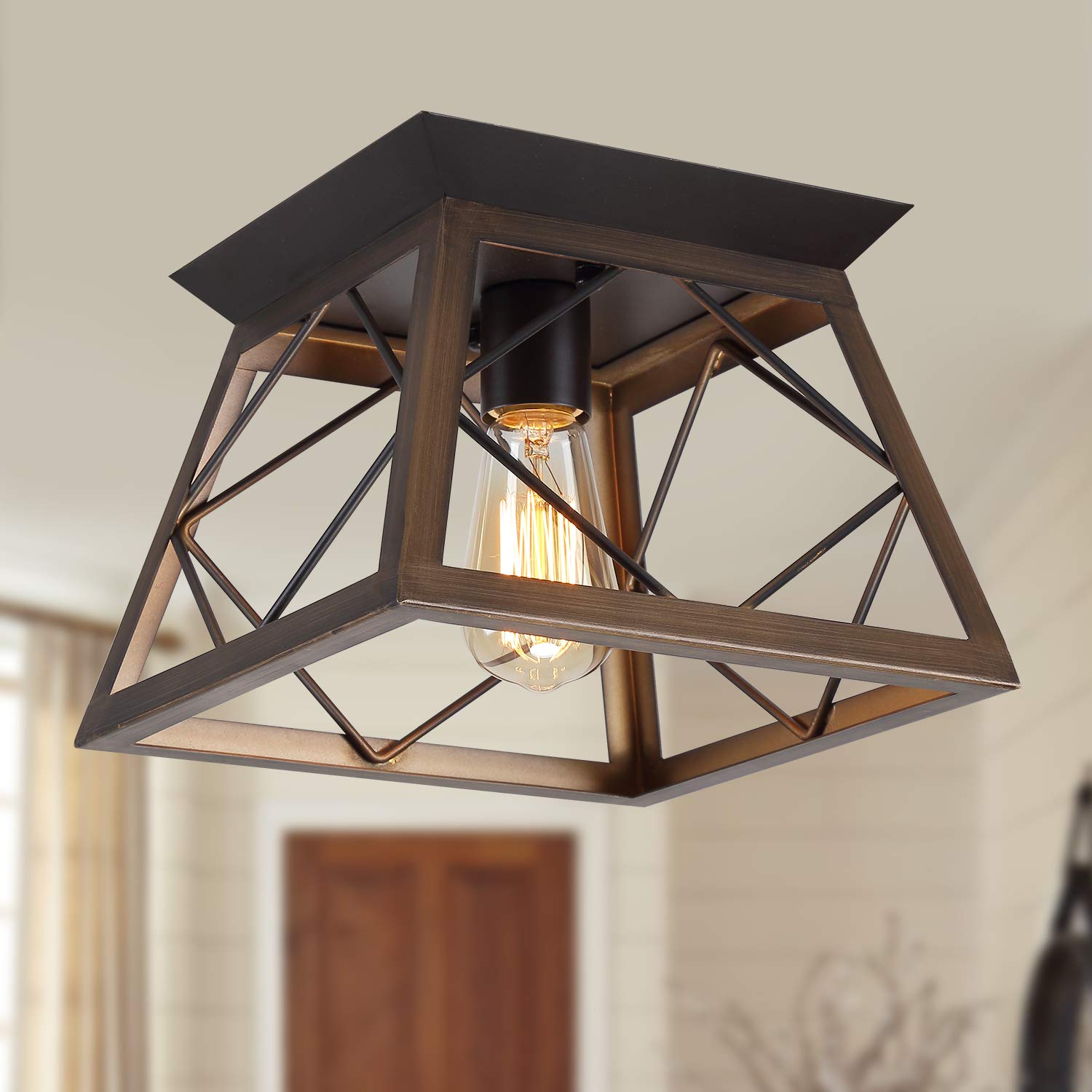 Q&S Flush Mount Ceiling Light Fixture, Farmhouse Vintage Ceiling Lights,Industrial Metal Ceiling Lamp for Hallway, Entryway, Bathroom ORB+Brush Brown,1 Light E26