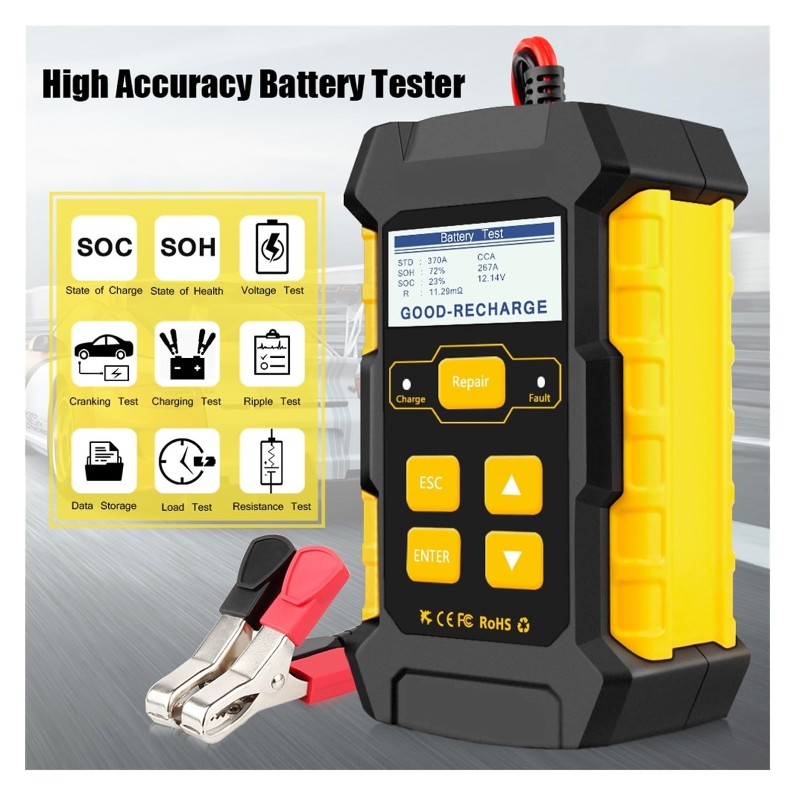 Tester per batterie, KW510 5A Tester professionale per batterie auto | Offre test di tensione, analisi della capacità; ideale per batterie di auto, camion e moto.