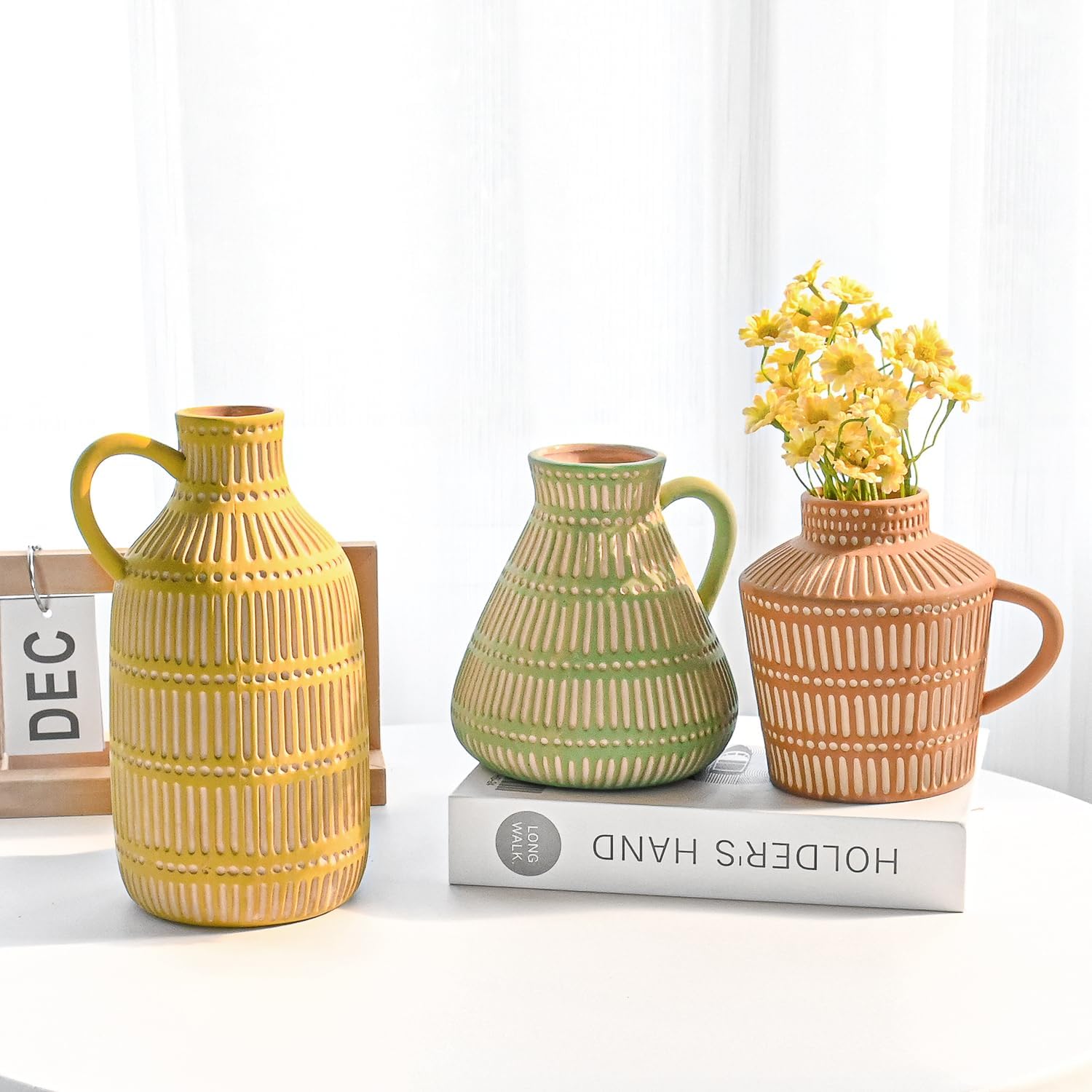 Boho Ceramic Vase Set of 3 for Living Room Bedroom Modern Yellow Brown Green Fake Flower Plant Vases for Home Decor Office Centerpieces Antique Retro Rustic Farmhouse Vintage Classic Gift