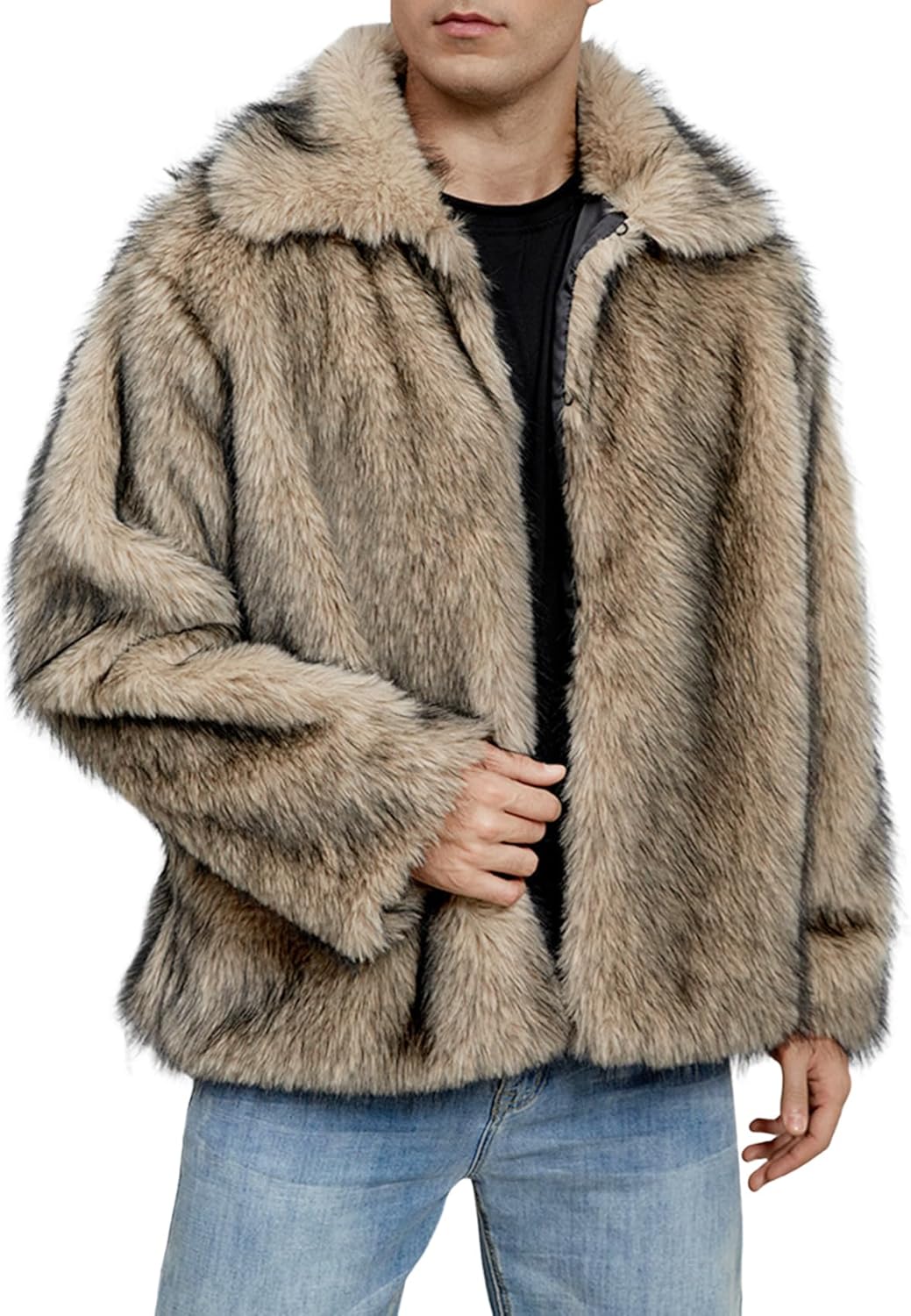Yimoon Mens Faux Fur Coat Winter Luxury Fluffy Jacket Warm Lapel Collar Furry Parka Jacket Overcoat
