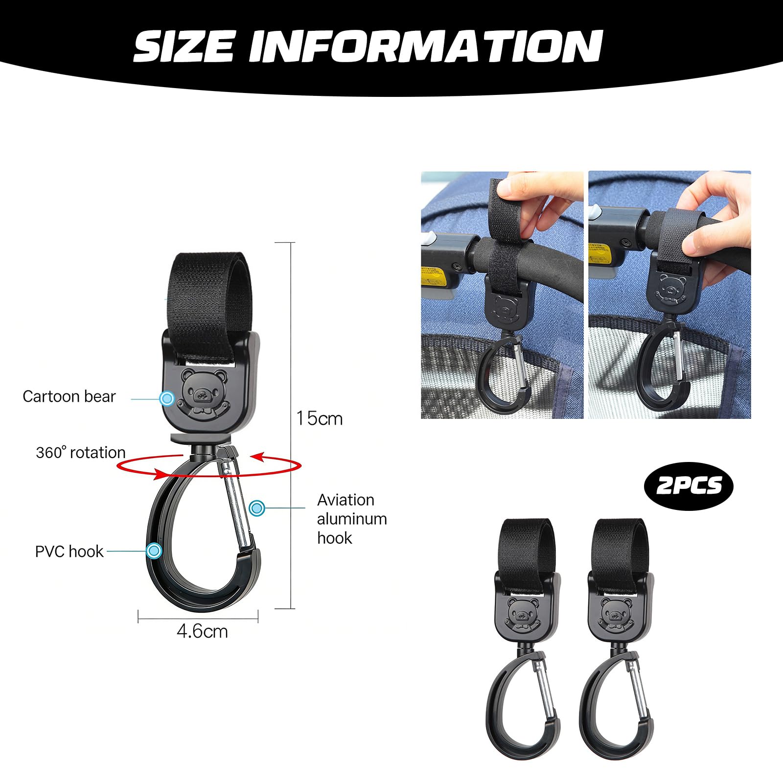 Set 2 Ganci Universali Per Passeggino In Nero Con Motivo Orsetto, Ganci Per Borsa Passeggino, Pratici Per Appendere Borse E Organizer, Accessorio Carino E Funzionale.