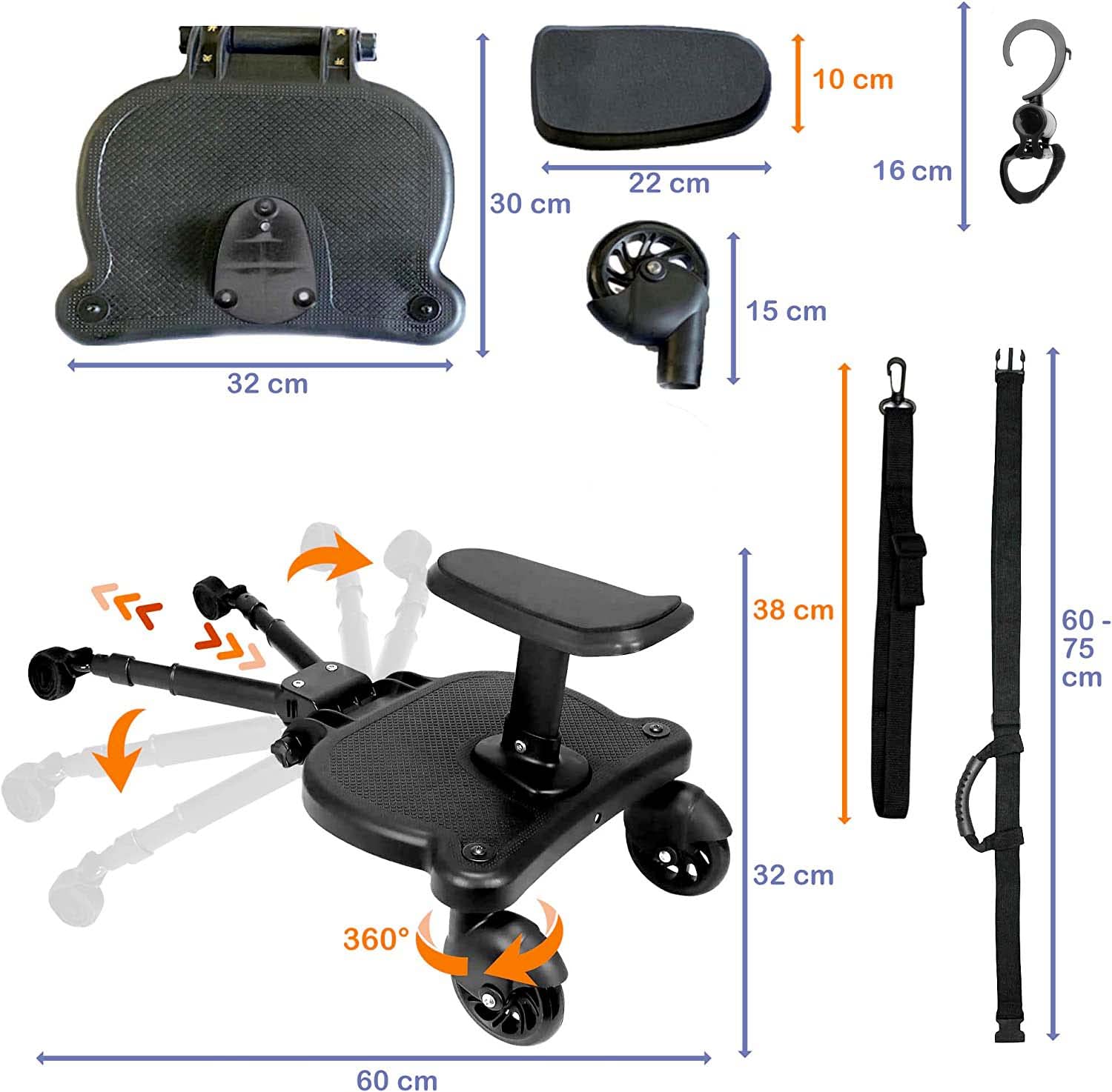 HELLO HIPPO® Planche pour poussette universelle Planche poussette avec siège- Accessoire pour poussette - Adaptateur pour poussette double Planche pour buggy Pratique et compact - Planche à roulettes