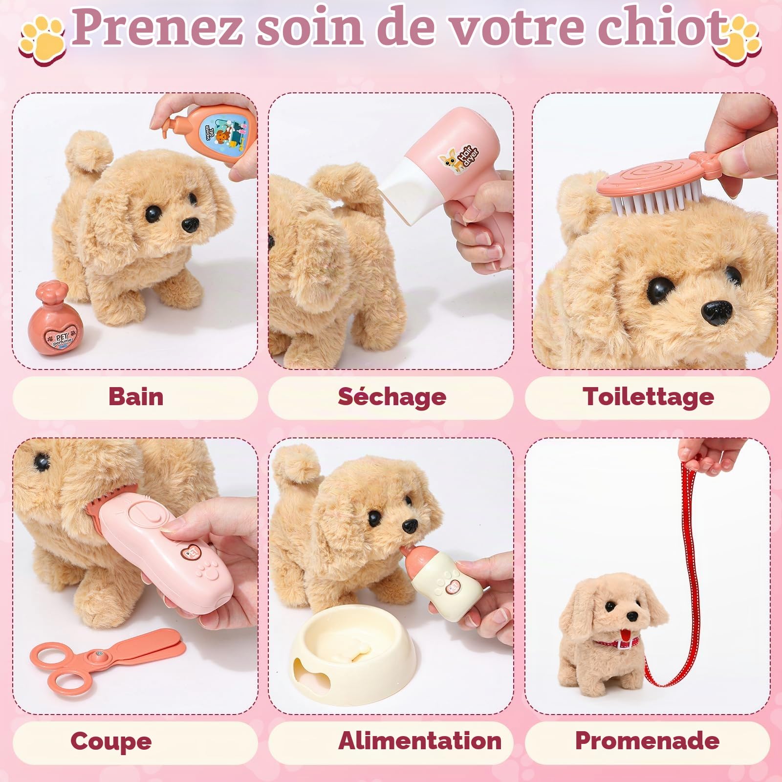 G.C Électrique Chien Jouet Enfant Peluche Chien Qui Marche Aboie et Secouer Queue avec Cage Laisse, Chien Interactif Jouet Toilettage Jeu de Rôle Cadeau Fille Jouet 3 4 5 6 Ans