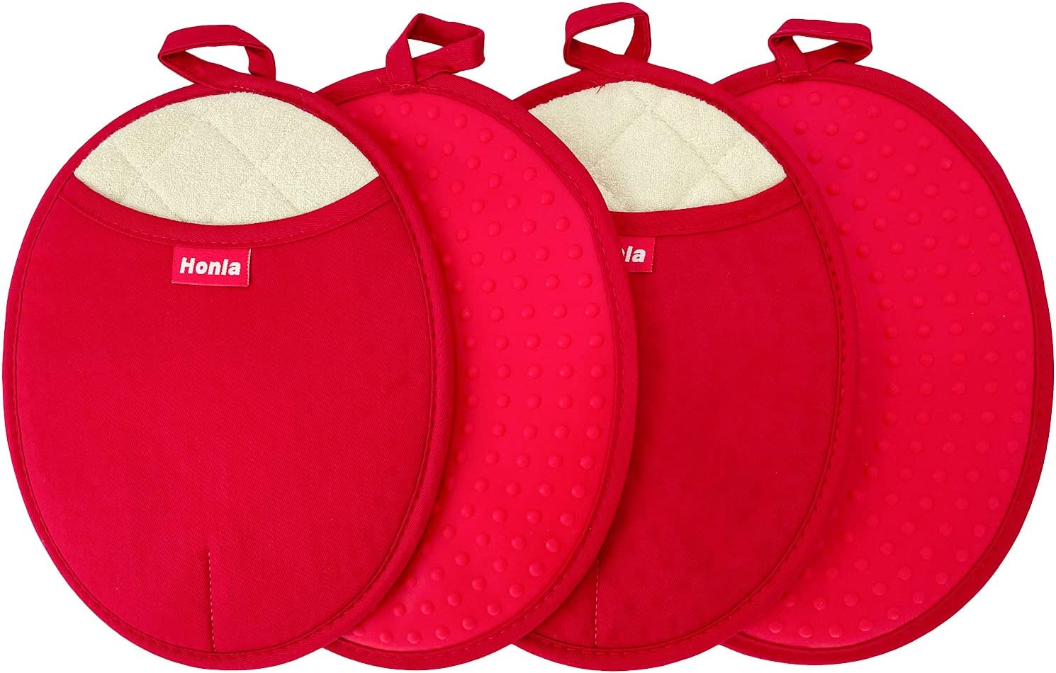 Honla 4 Piece Oval Pot Holders with Pockets,Heat Resistant to 500 F,Flexible Non Slip Silicone Grip Hot Pads,Red