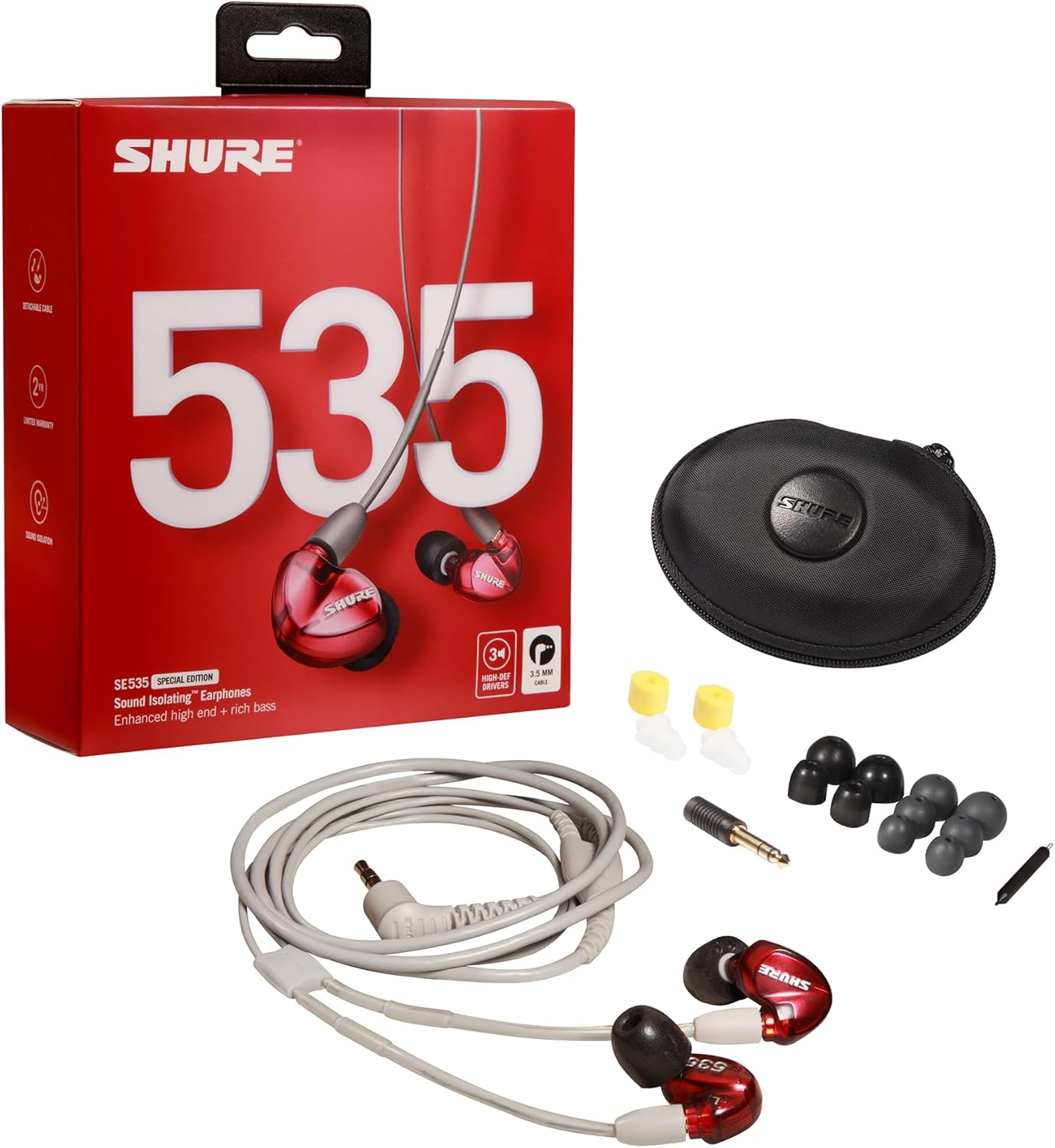 Shure SE535LTD Professional Wired Sound Isolating Earbuds, High Definition Sound + Natural Bass, Three Drivers, Secure in-Ear Fit, Detachable Cable, Durable Quality - Red