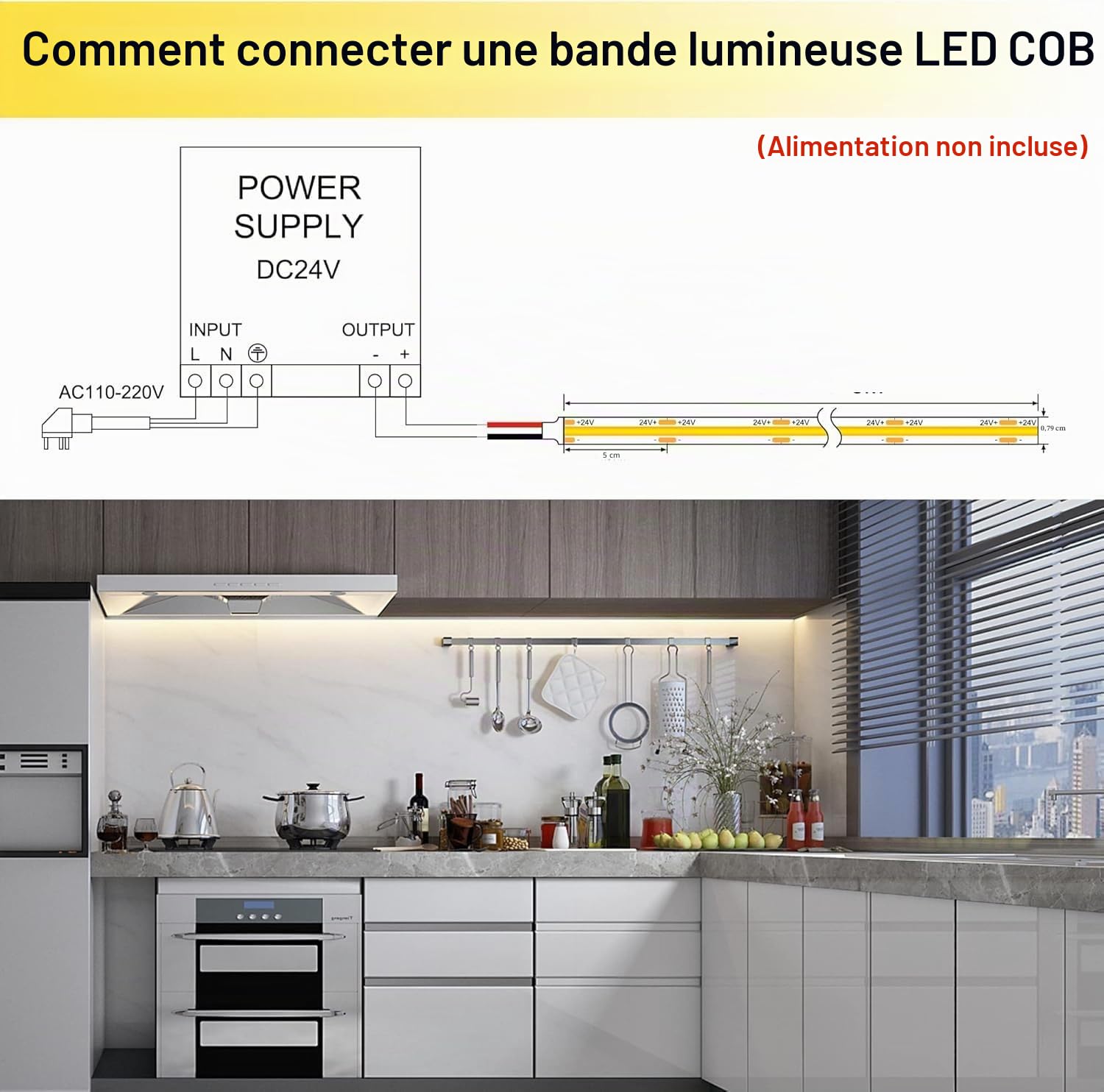 Ruban LED COB 20m, 480 LEDs/m, 9w/m, 24V Bande LED Bianco Freddo avec Largeur 8mm, CRI 92+, Ruban LED pour Chambre Coucher, Cuisine, Miroir, Armoire (sans alimentation), 6000K | Ruban LED blanc froid pour éclairage indirect dans l'atelier, le salon, plint