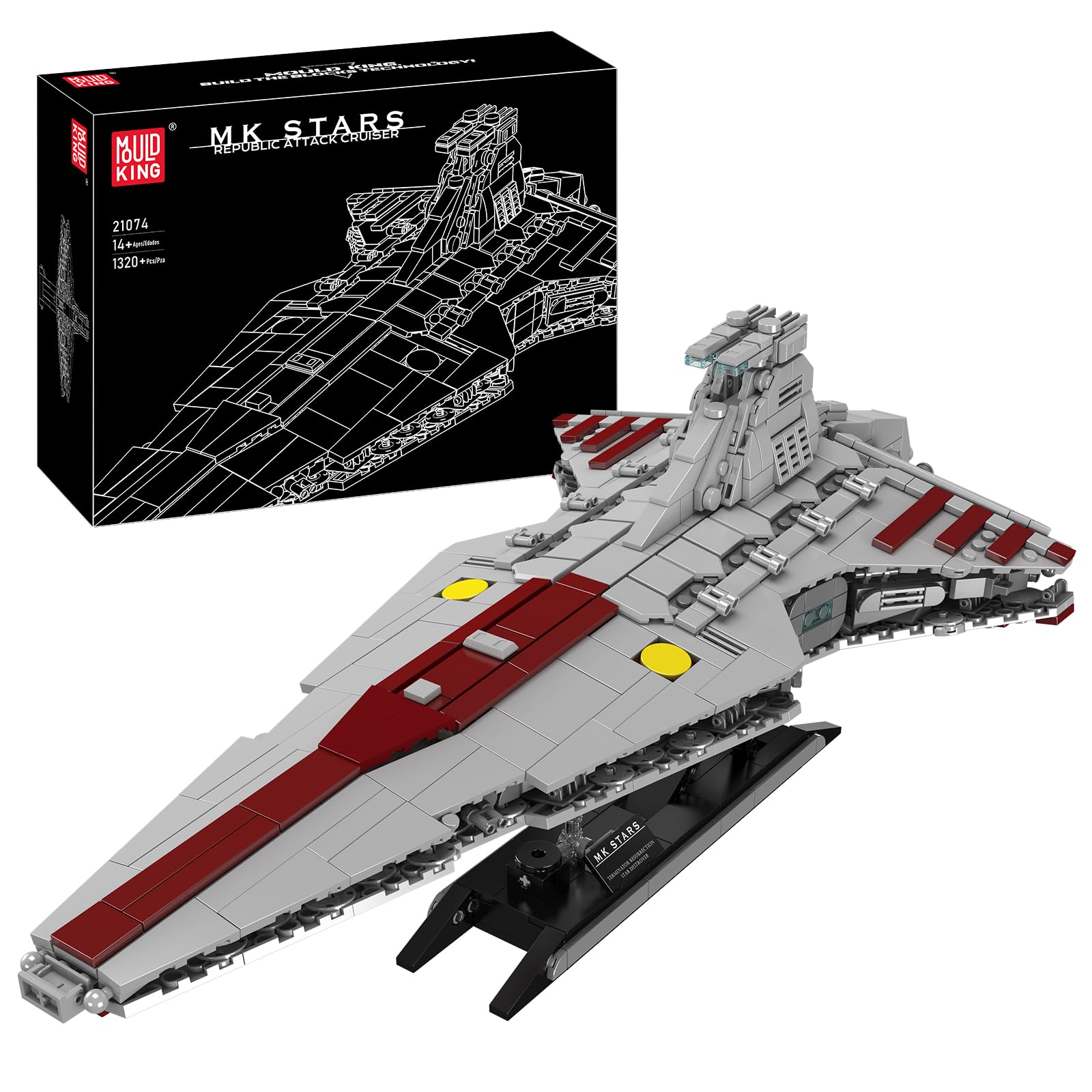 Mould King 21074 Super Star Destroyer Modell, Venator-Klasse Republik Angriffskreuzer Bausteinspielzeug, baubares Spielzeugmodell UCS Sammlerstück Spielzeug Bausatz für Erwachsene 1320 PCS