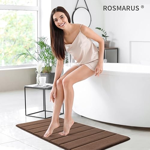 Miniatura 2 de ROSMARUS Alfombra de baño de espuma viscoelástica, 17 x 24 pies, absorbente de agua, con respaldo de PVC, alfombra de baño ultrasuave en color marrón
