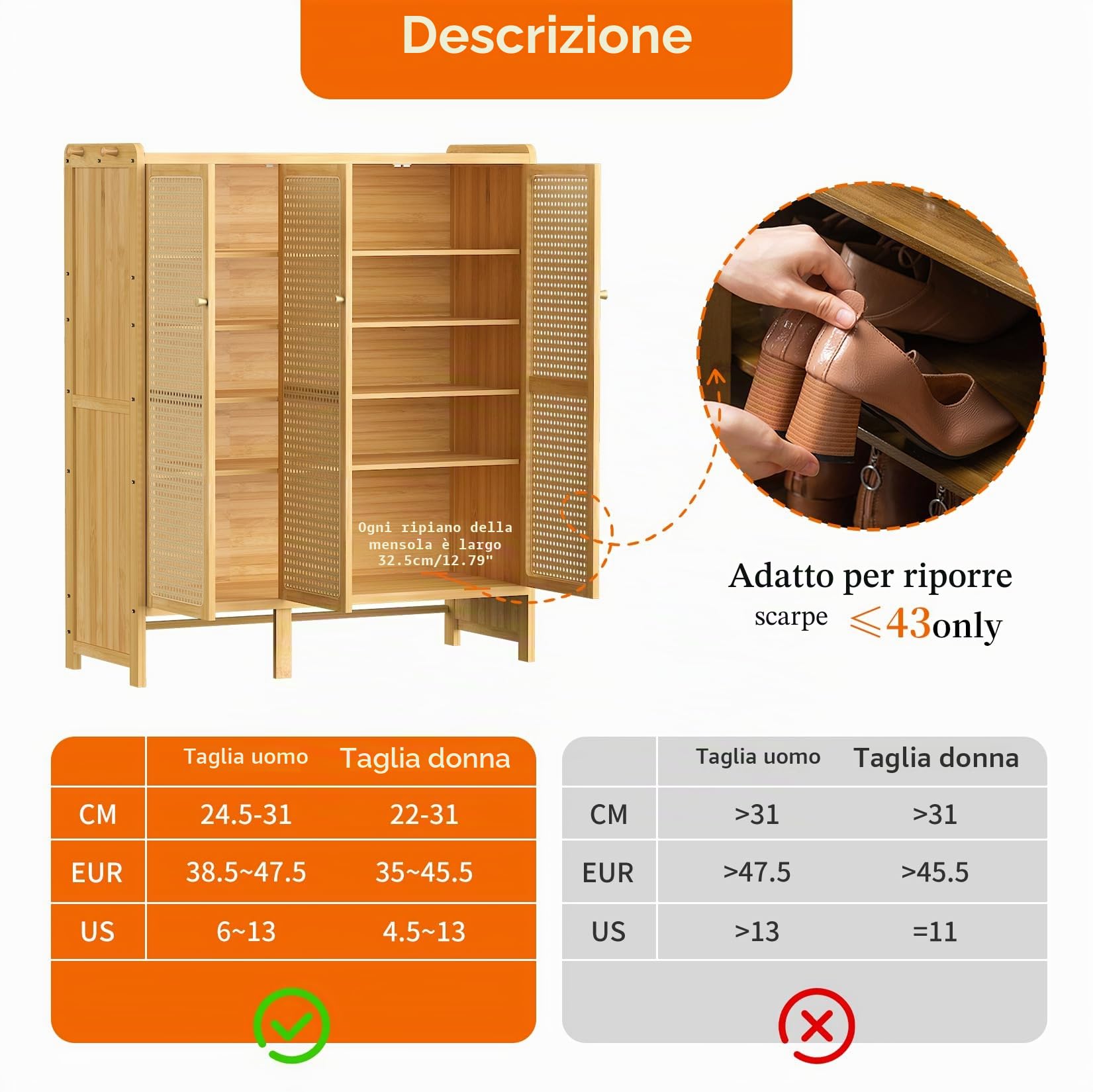 unho Armadietto Portascarpe a 5 Ripiani in Bambù: Scarpiera Legno con Ante 4 Ganci Scarpiera Ingresso Corridoio Grande Capacità Design Moderno, 90,5x35x107 cm