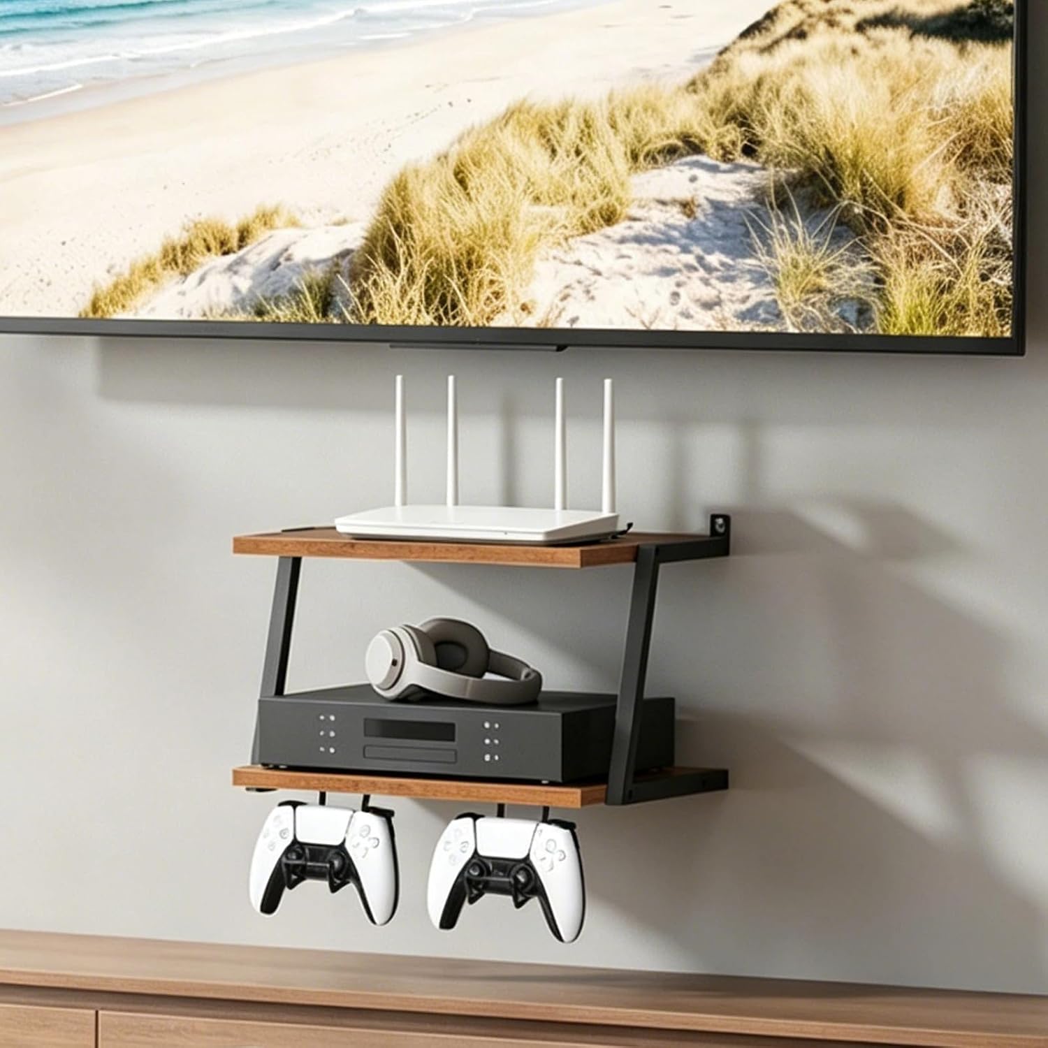 MAHANCRIS Floating TV Shelf, 2 Tier Projector Shelf for DVD Players | Rustic Brown Game Console Shelf with Cable Management Holds Up to 17.6 lbs, Controller Hangers, for Cable Boxes, Routers, PS5