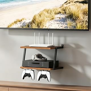 MAHANCRIS Floating TV Shelf, 2 Tier Projector Shelf for DVD Players | Rustic Brown Game Console Shelf with Cable Management Holds Up to 17.6 lbs, Controller Hangers, for Cable Boxes, Routers, PS5
