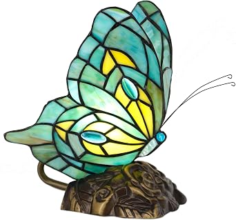 Small Tiffany Table lamp Stained Glass 7X5X9.8 Inch Green Butterfly