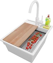 PRIMAGRAN Oslo Pocket Granite Kitchen Sink 38 x 53 cm 1 Basin + Drain Kit + Tap 32 x 20 cm + Accessories, Sink to Mount to Cabinet 40 cm