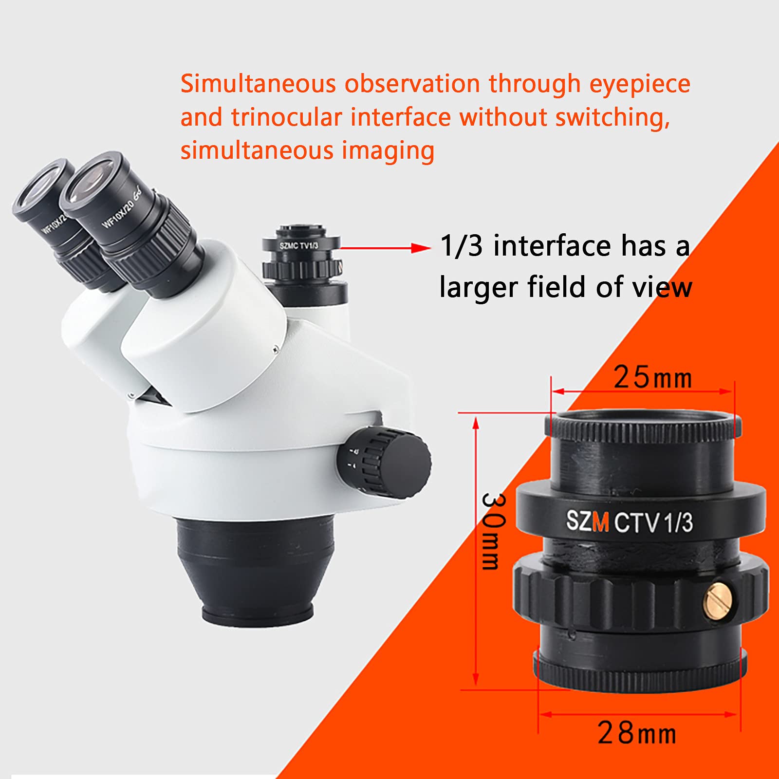 Testa per Microscopio Stereo con Zoom Trinoculare Simul-Focale 7X-45X, Interfaccia Fotocamera Microscopio 1X, 1/3, 1/2, 0,5X, per Riparazione di Orologi,1/3