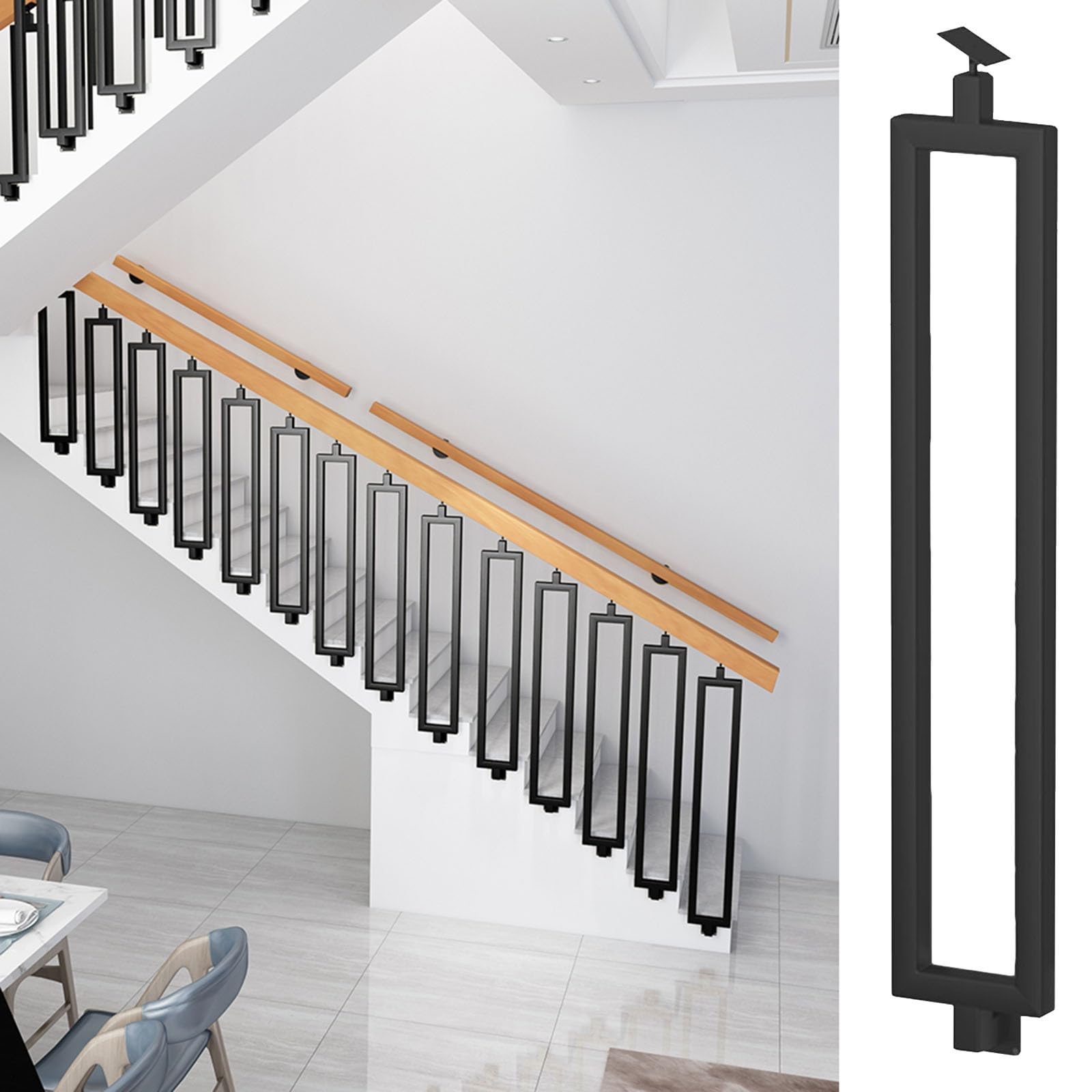Floor Side Mounted Stairs Balusters For Interior Loft Stairway Wood Steps, 25 30 36 38 40 46 50 In Square Iron Staircase Spindles Adjustable Banister Kit, Black Gold White(Black-b,H 42in/106.7cm)