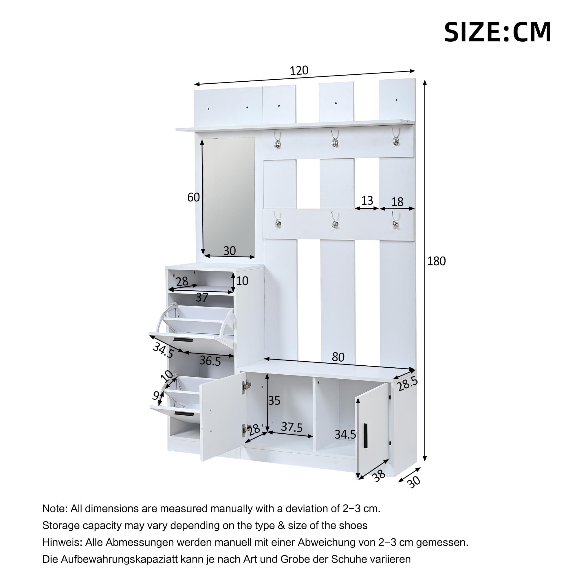 Garderoben-Set mit Schuhschrank, Spiegel und Kleiderhaken, Flurgarderobe Set mit Ablagefläche, Wandgarderoben Set für Eingangsbereich, Weiß, 120x30x180 cm