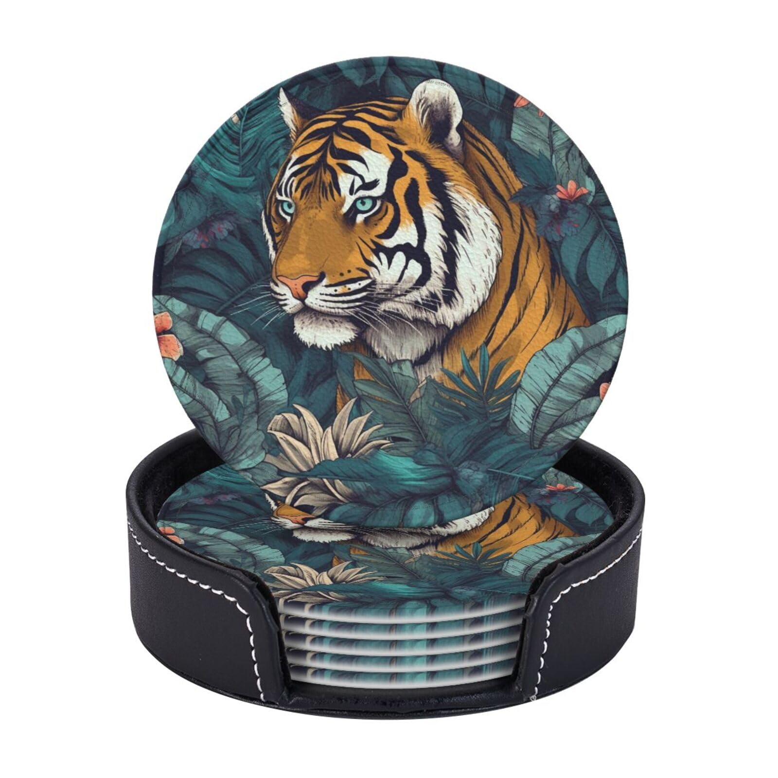 6Pcs PU Leather Coaster for Drinks, Tropical Tiger Cup Coasters with Holder, Aesthetic Drink Coasters for Coffee Table, Round Coaster for Tabletop Protection 4" Cup Mat Pad