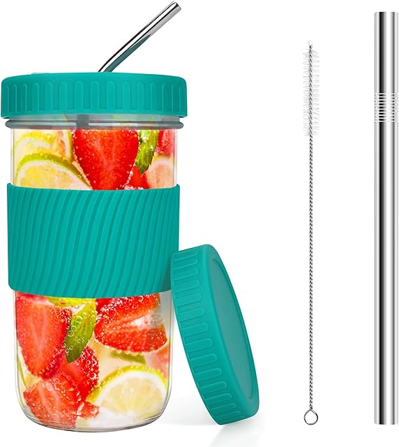 Brynnl Drinking Glasses Reusable Mason Jar Cups with 2 Lids and Straws Cleaning Brush Wide Mouth Bubble Tea Cup Travel Mug Glass Tumbler Mason Jar Sippy Cup for Boba Tea Smoothie Jam (Deep Green)