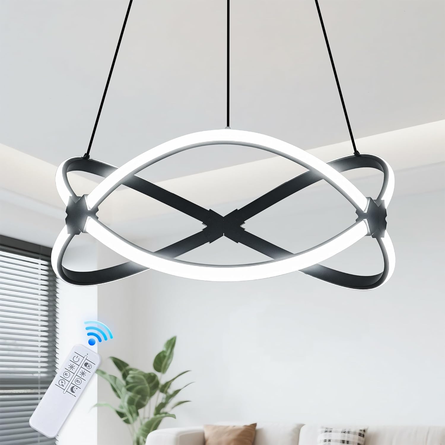 Mayful Modern LED Chandelier,3-Color Dimmable with Remote Control,Black Adjustable Height Pendant Light Fixtures with Circular Ring Shape,Modern Chandeliers for Dining Room Kitchen Island Living Room