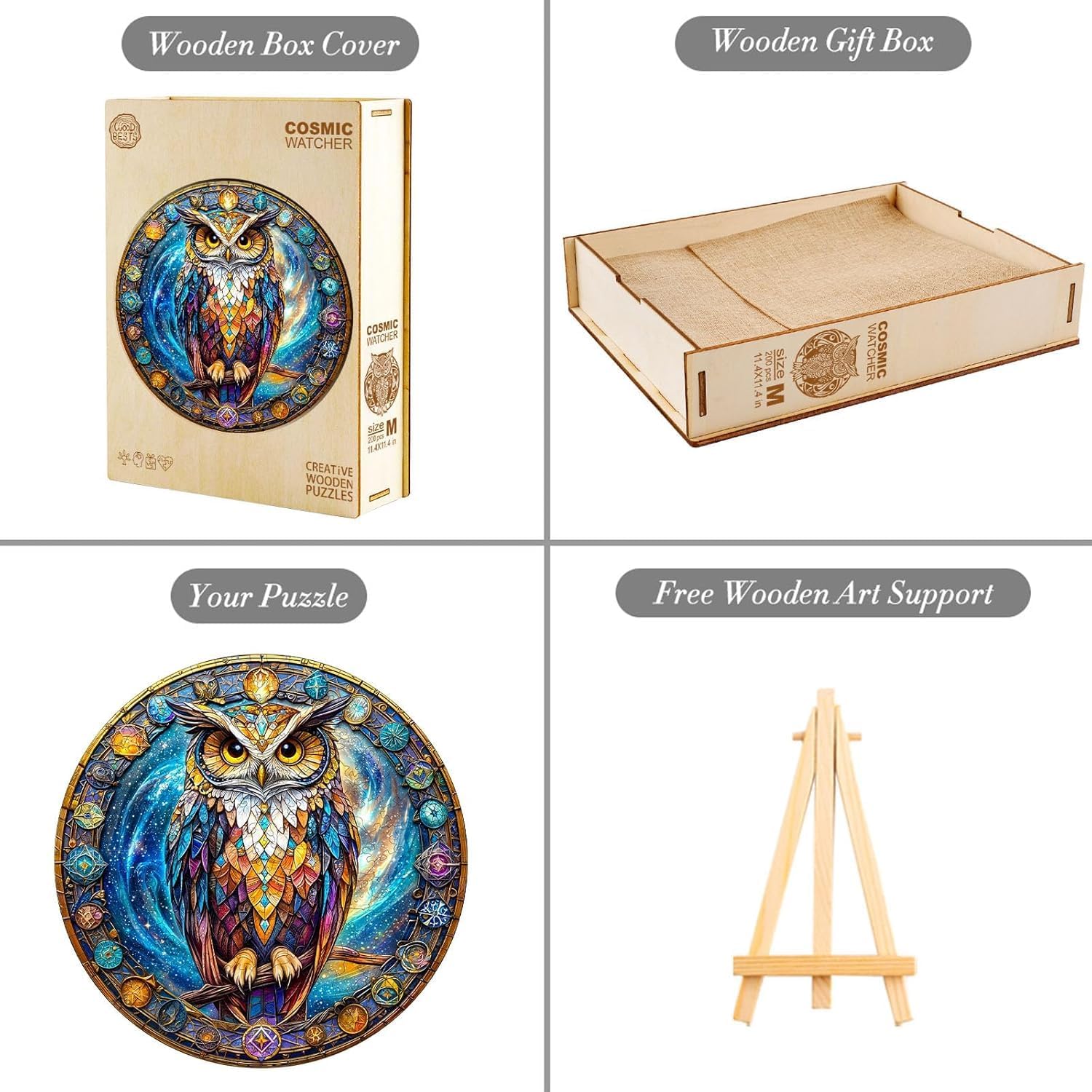 Wooden Puzzles for Adults 200 Pices, Owl 3D Puzzles for Adults, Cosmic Watcher Owl Irregular Jigsaw Puzzles, Flat Puzzels with 3D Visual Effect, Finished Puzzle Size is 11.4 x 11.4in