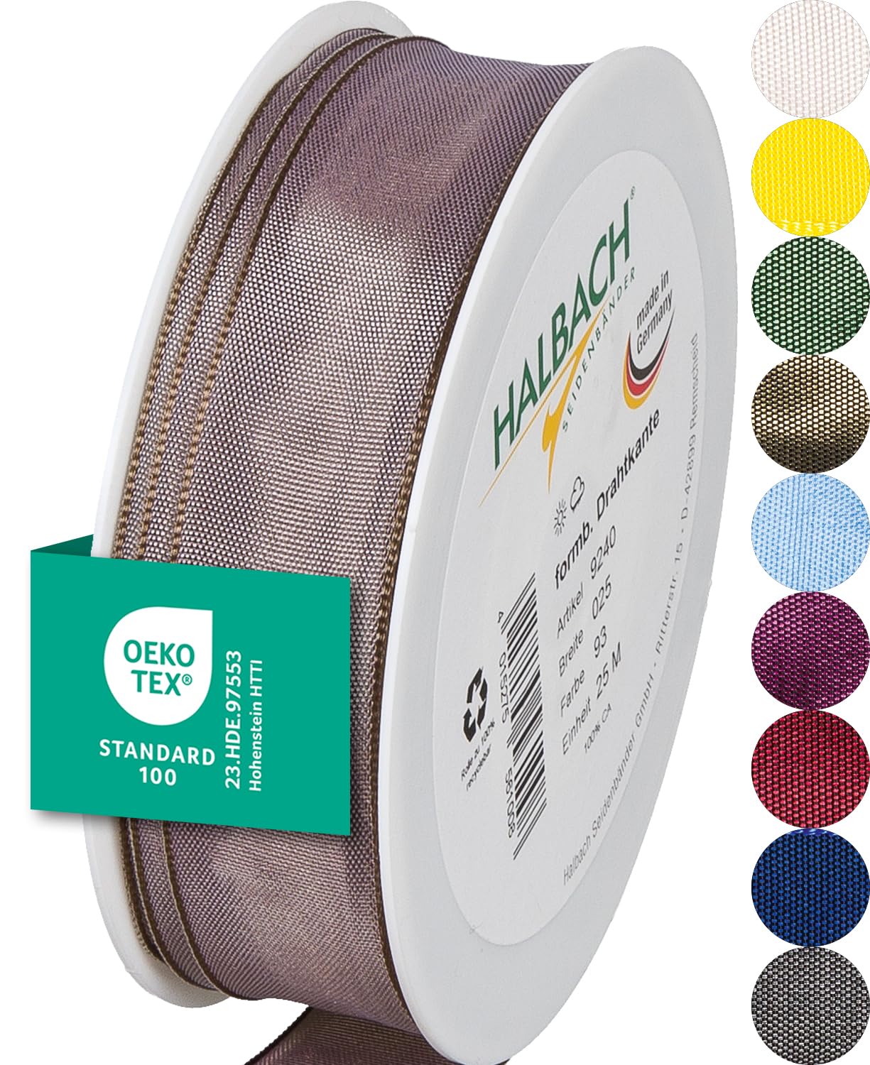 Halbach Seidenbänder Premium Geschenkband mit Drahtkante | Breite 25mm Länge 25m | Öko-Tex 100 zertifiziertes Schleifenband | Taftband Made in Germany, Farbe: hellbraun