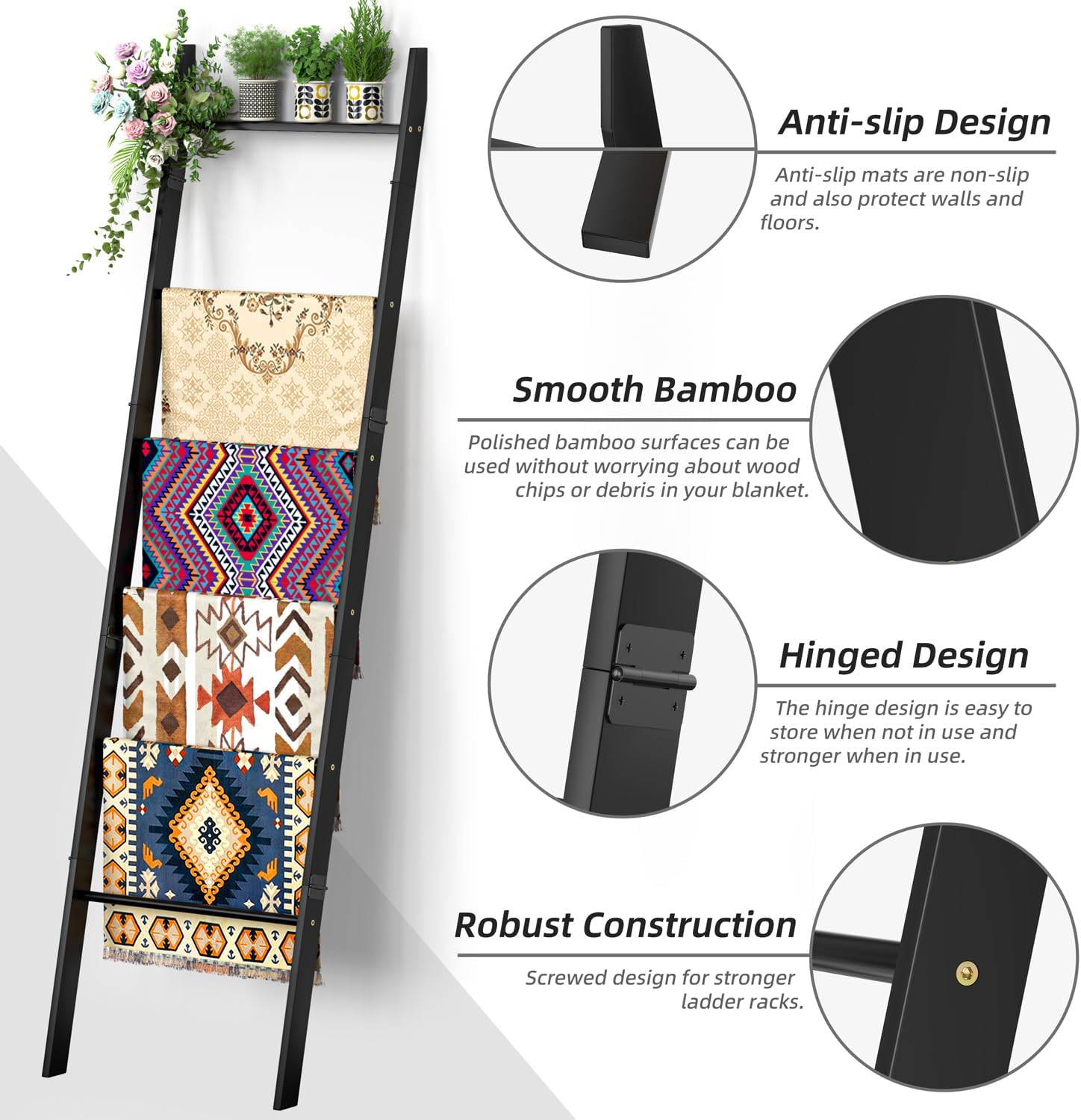 BAMBANG 6-Tier Blanket Ladder for Living Room, Blanket Quilt Ladder Rack Rustic Decorative Towel Holder, Wall Leaning Blanket Ladder Shelf Storage Farmhouse Decor for Bedroom Bathroom, Black