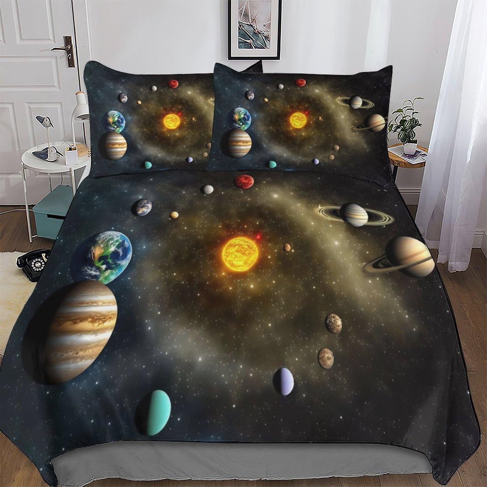 Solar System Comforter Cover 3D Print Bedding Set Decorative Duvet Cover Bedspread Cover with Pillowcase Soft Microfiber Zipper Quilt Cover for Kids, Youth And Adult Double (200x200cm)