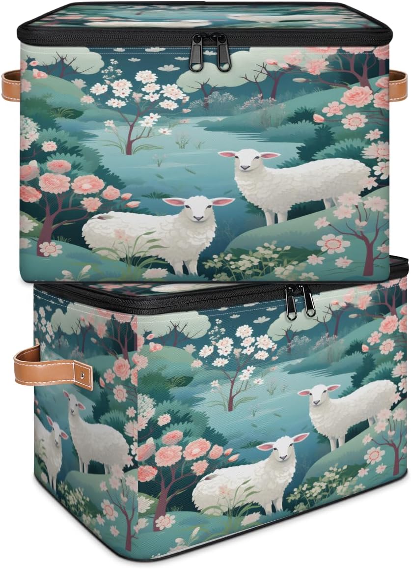 Storage Bin Set of 2 Cute Sheep Flower Storage Basket with Zipper Lid & Handle Foldable Closet Shelf 2 Pack Cloth Organizer Basket Cube Bins Clothes Organizer for Bedroom, Nursery