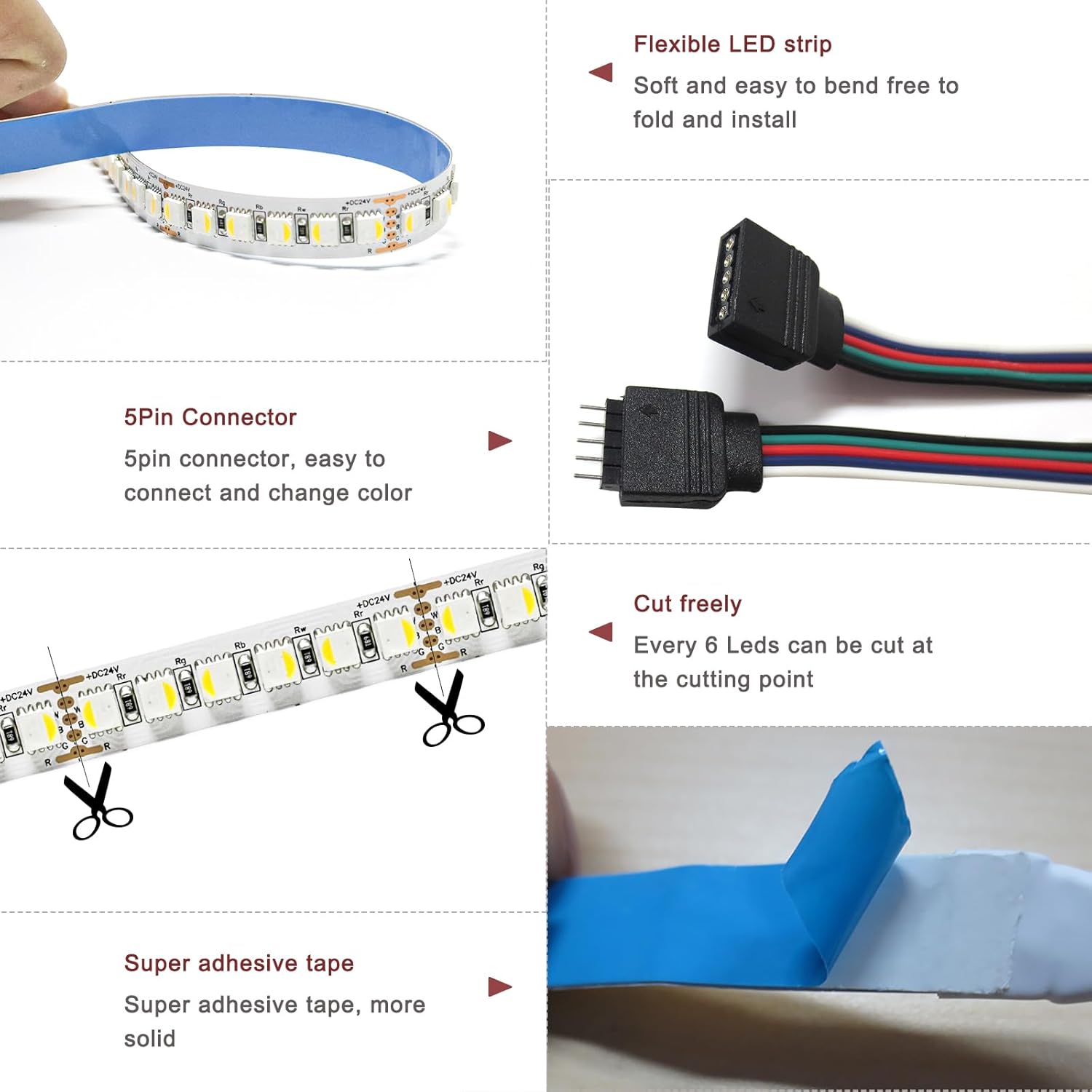 24V LED Strip Lights, 4 in 1 RGBW RGB + White 6000K 16.4ft Total 600 LEDs Mixed Color Rope Light Strip SMD 5050 IP20 for Bedroom, Kitchen Decoration