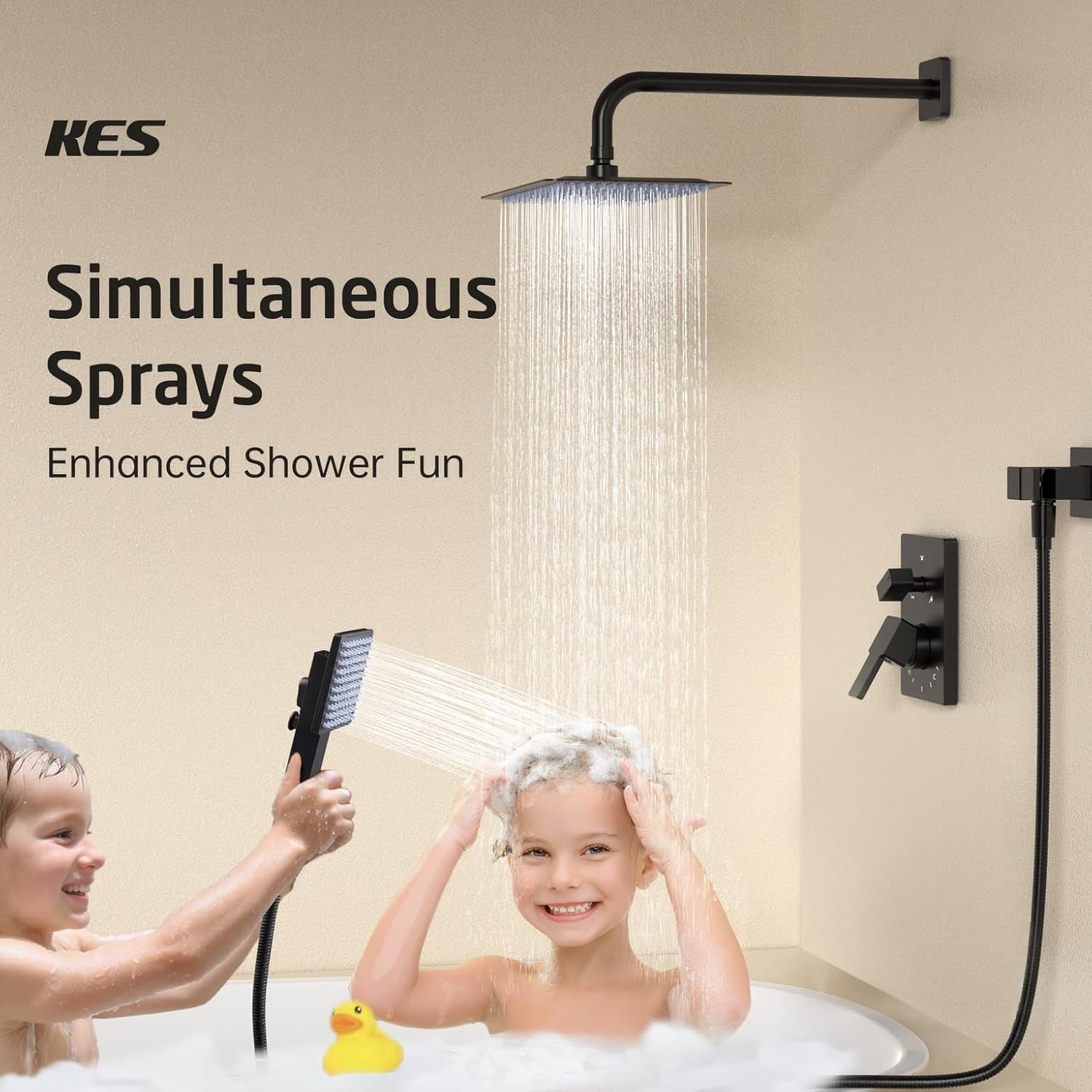 KES Black Shower Faucet Set with 12" Rectangle Rain Head, 18/8 stainless steel Shower Head System with 3-Modes Handheld Spray, Pressure-Balanced Anti-Scald Valve, XB6247S12-BK