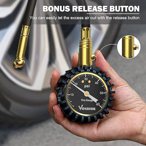 Miniatura 11 de Vondior Medidor de presión de neumáticos (0-100 PSI) resistente, certificado ANSI preciso con dial grande de 2 pulgadas de brillo fácil de leer