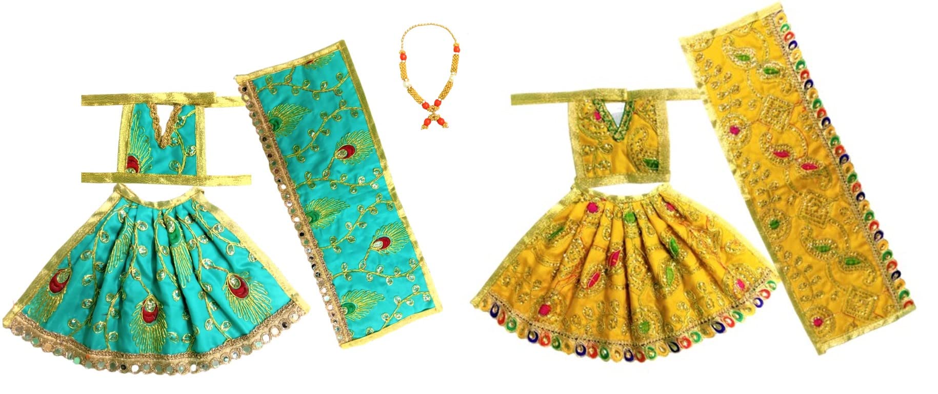 AV Creations Multi Coloured Navratri Special, Mata Rani Vastra, Devi Mata Poshak, Durga Mata Dress, Radha Rani Poshak for Standing Idol, made of Silk Cloth. Combo of 2 Dress and 1 Mala. Dress Size: Choli: 2 Inch + Lehenga 3 Inch.