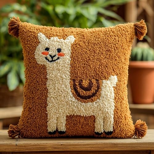 AxiangziK Latch Hook Cushion Kits,Animal Alpaca 17X17Inch Handmade Embroidery Kits,DIY Needlework Pillow Rug Making Kit,Decorative Throw Pillow Cover for Sofa Cushions