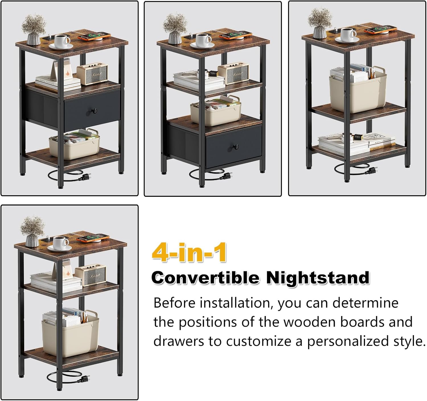 Side Table with Charging Station, Nightstand with Adjustable Fabric Drawer, Bedside Table for Bedrooms, Living Rooms & Home Decor (Brown Black) - Image 4