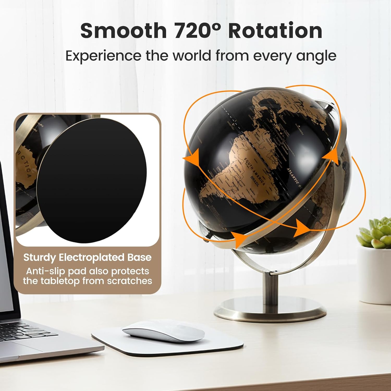 Goplus 9-Inch Metallic Black World Globe, 720° Rotating Earth Globe w/Metal Stand for Modern Desktop Decoration for Home, Office