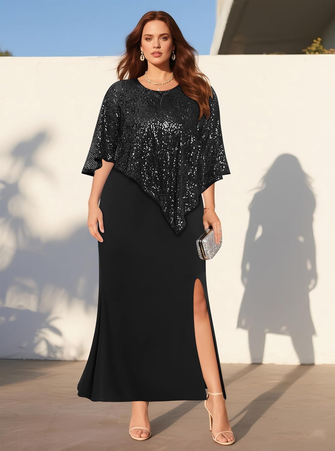 Plus Size Formal Dress - Wedding Guest Long Evening Cocktail Mermaid Dress with Sequin Overlay Cape - Image 2