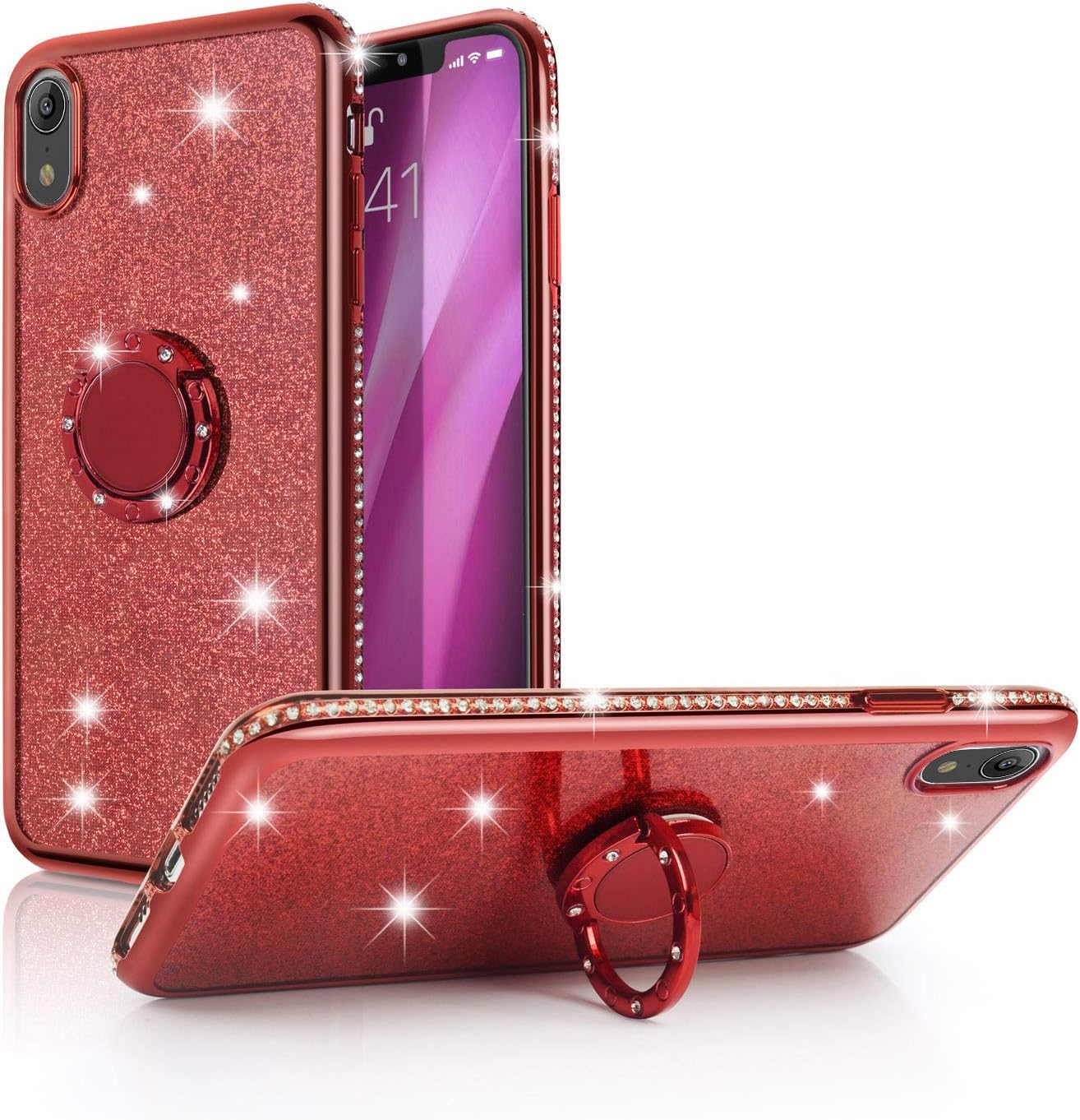 iPhone Xr Case,WATACHE Glitter Cute Phone Case Girls with Kickstand, Bling Diamond Rhinestone Bumper Ring Stand Protective Girl Women Case for Apple iPhone Xr(6.1") - Red