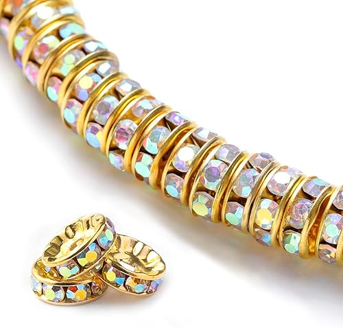 200 piezas de cuentas separadoras Rondelle de 6 mm, rinestone chapado en oro, cuentas sueltas de cristal de color AB para hacer joyas, pulseras,