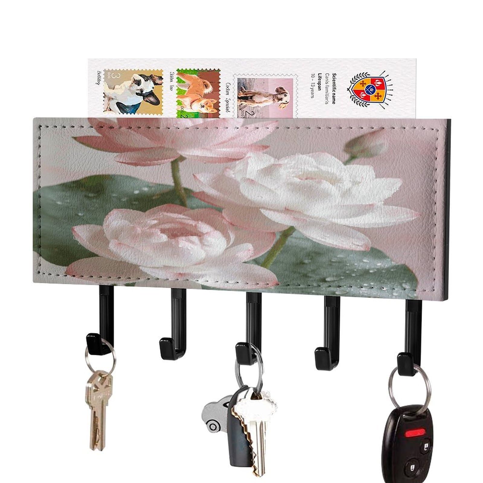 FekiLoot Lotus Floral Key Holder for Wall Decorative Mail Organizer with 5 Key Hook Self Adhesive Key Rack with Tray Coat Rack Wall Mount Key Hanger Decor for Entryway Door