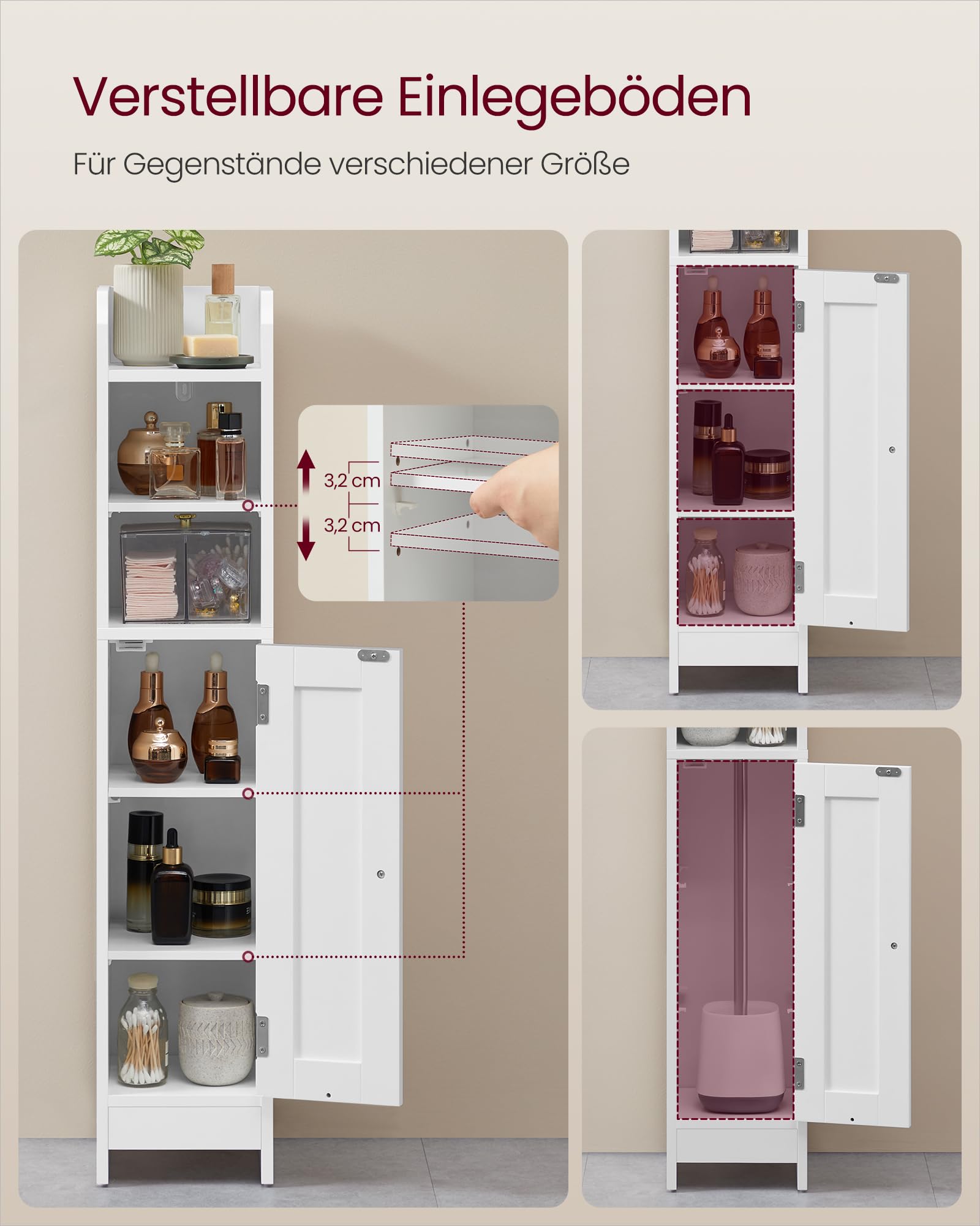 VASAGLE Badezimmerschrank klein, Badschrank schmal, stehend, mit Tür und Regal, Kleiner Schrank für Toilettenpapier, Toilettenschrank, verstellbare Ablagen, 20 x 18 x 92 cm，wolkenweiß BBC311W01