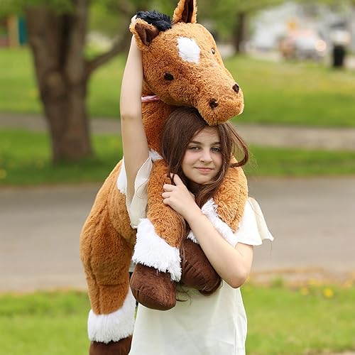 Miniatura 9 de Tezituor Animales de peluche gigantes realistas de 47 pulgadas, almohada suave de peluche de caballo de 4 pies, juguetes de peluche de poni de