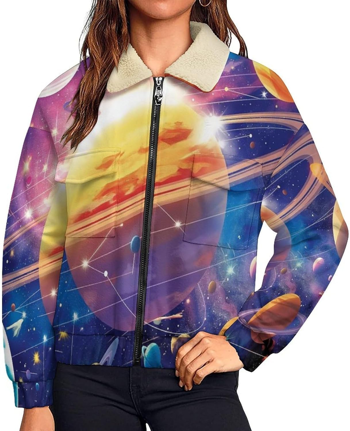 Women's Full Zip Soft Polar Fleece Jacket, Planets Sun Printed Outdoor Recreation Coat, Long Sleeve Outerwear