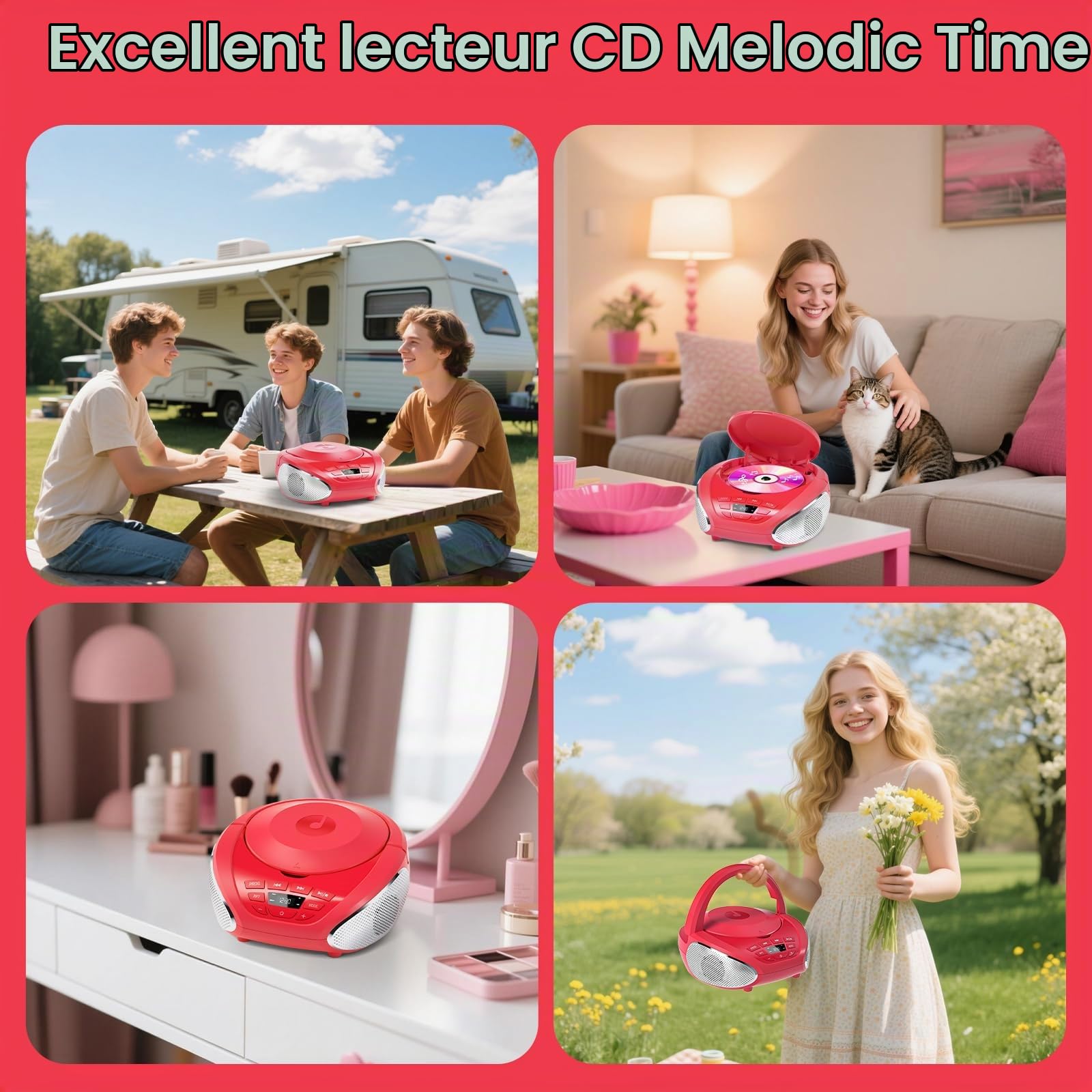 Gueray Lecteur CD Portable Boombox avec Haut-parleurs et Radio Rouge