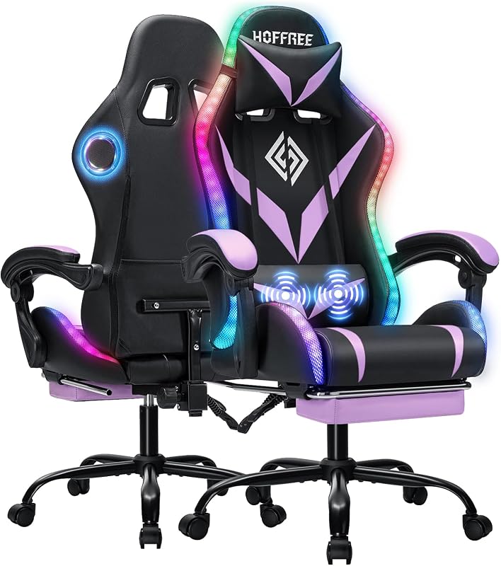 Gaming Chair with Bluetooth Speakers RGB LED Lights Computer Chair-Purple | Ergonomic Massage Game Chair with Footrest & Lumbar Support High Back Video Game Chair for Adults Racing Style