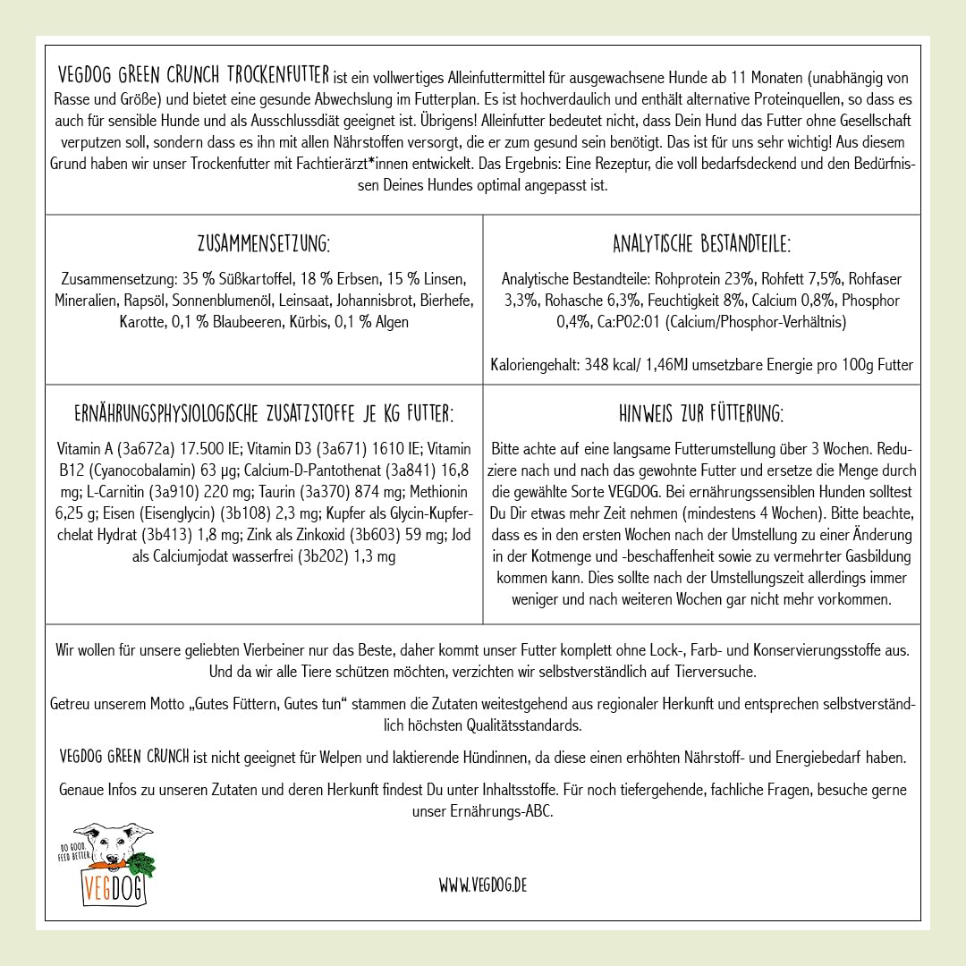 VEGDOG Green Crunch hypoallergenes Trockenfutter (10 kg) | Adulte Hunde | ohne Gluten, Getreide und Soja | Alleinfutter für Allergiker mit Erbsenprotein