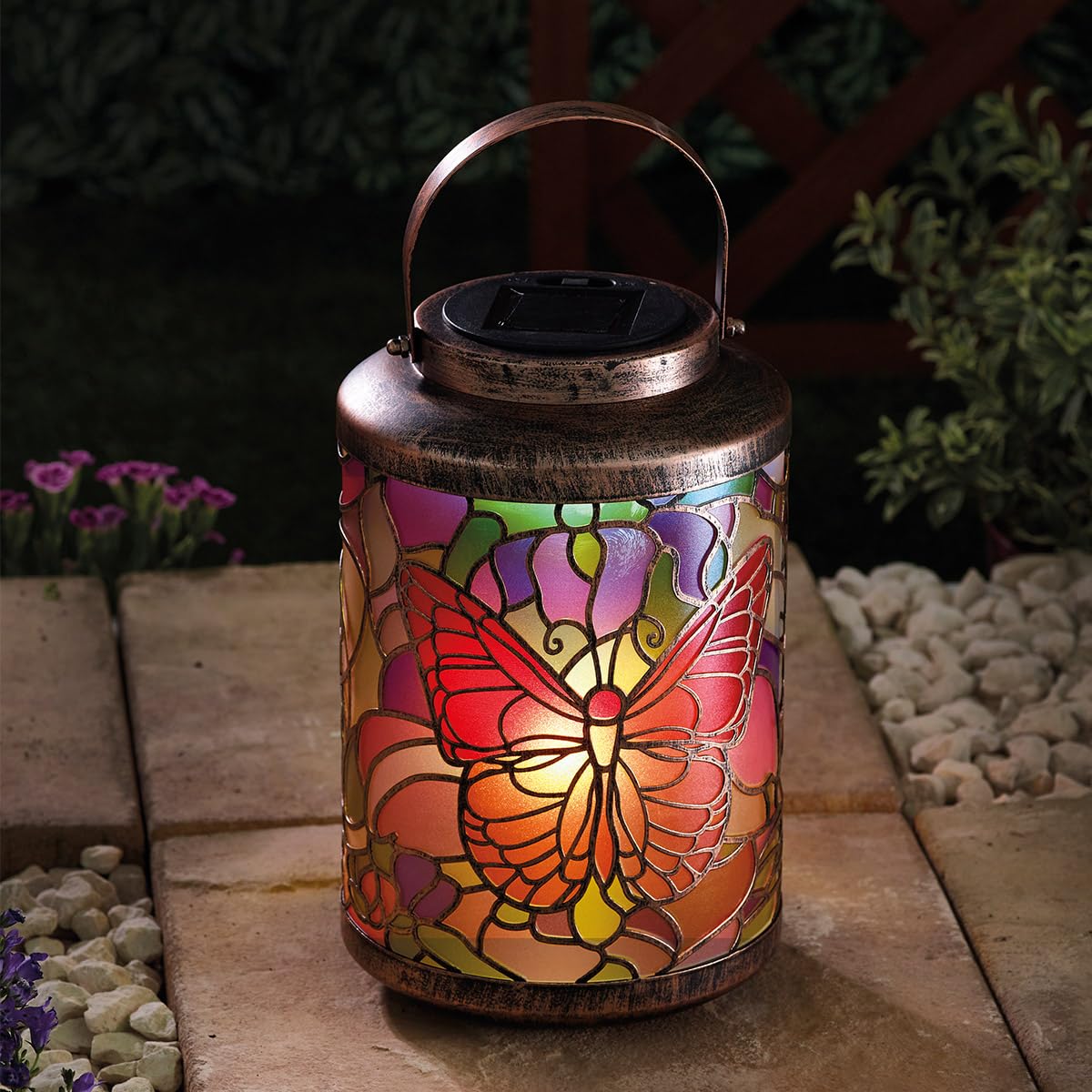 Festive Lights - 24cm Solar Power Tiffany Butterfly Stained Glass Effect Hanging Lantern - Cool White LED, 5 Lumen, IP44 Rated, Rechargeable Battery, Auto Dusk Sensor - Tabletop Garden Patio Decor