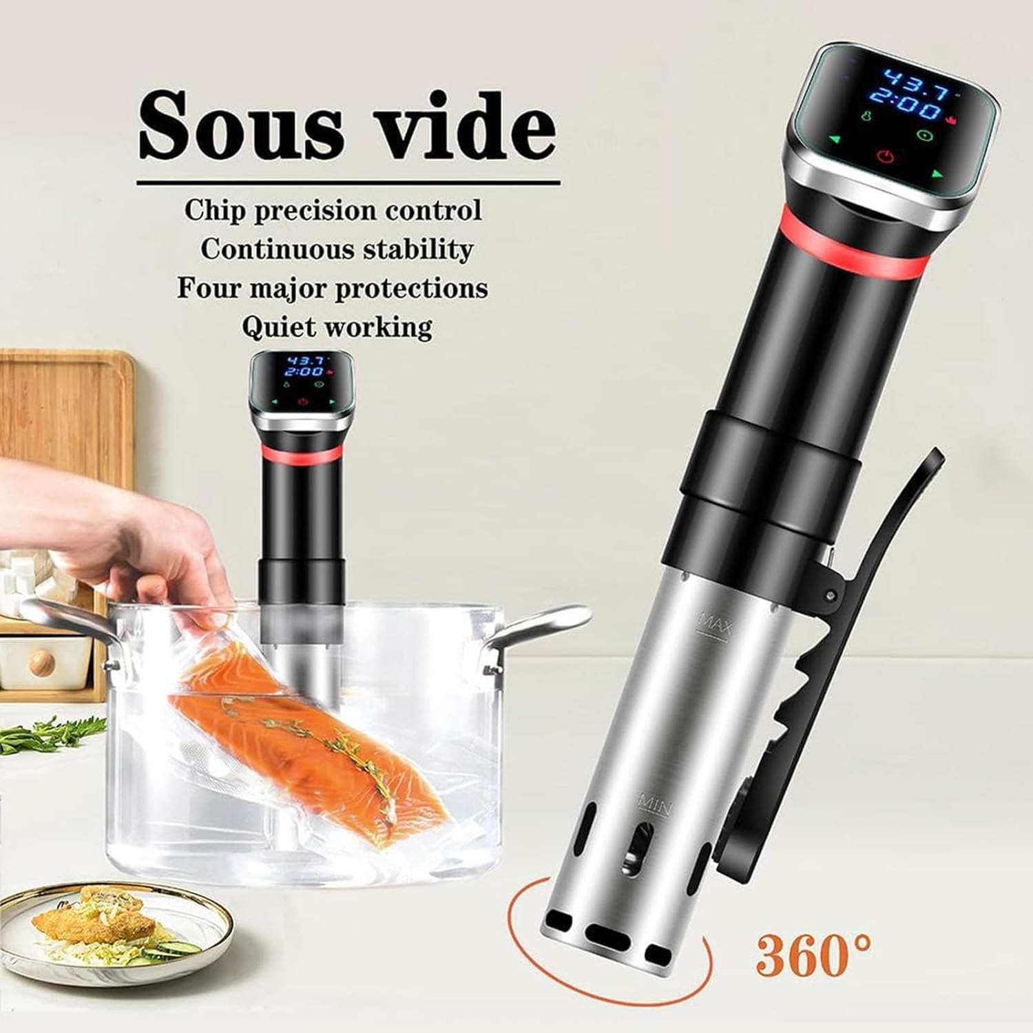 1100W Sous Vide Machine with LED Digital Display, Sous Vide Kit with 25~95℃ Adjuestable Temperature and 0-99.59H Time Control, Dry Boil Prevention Low Water Level Alarm System