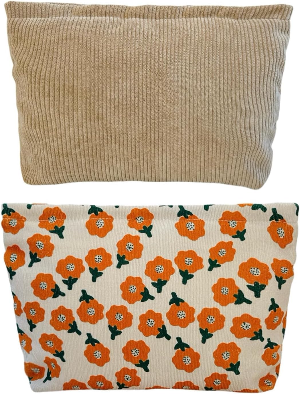 Two large khaki and orange flower patterned makeup bags