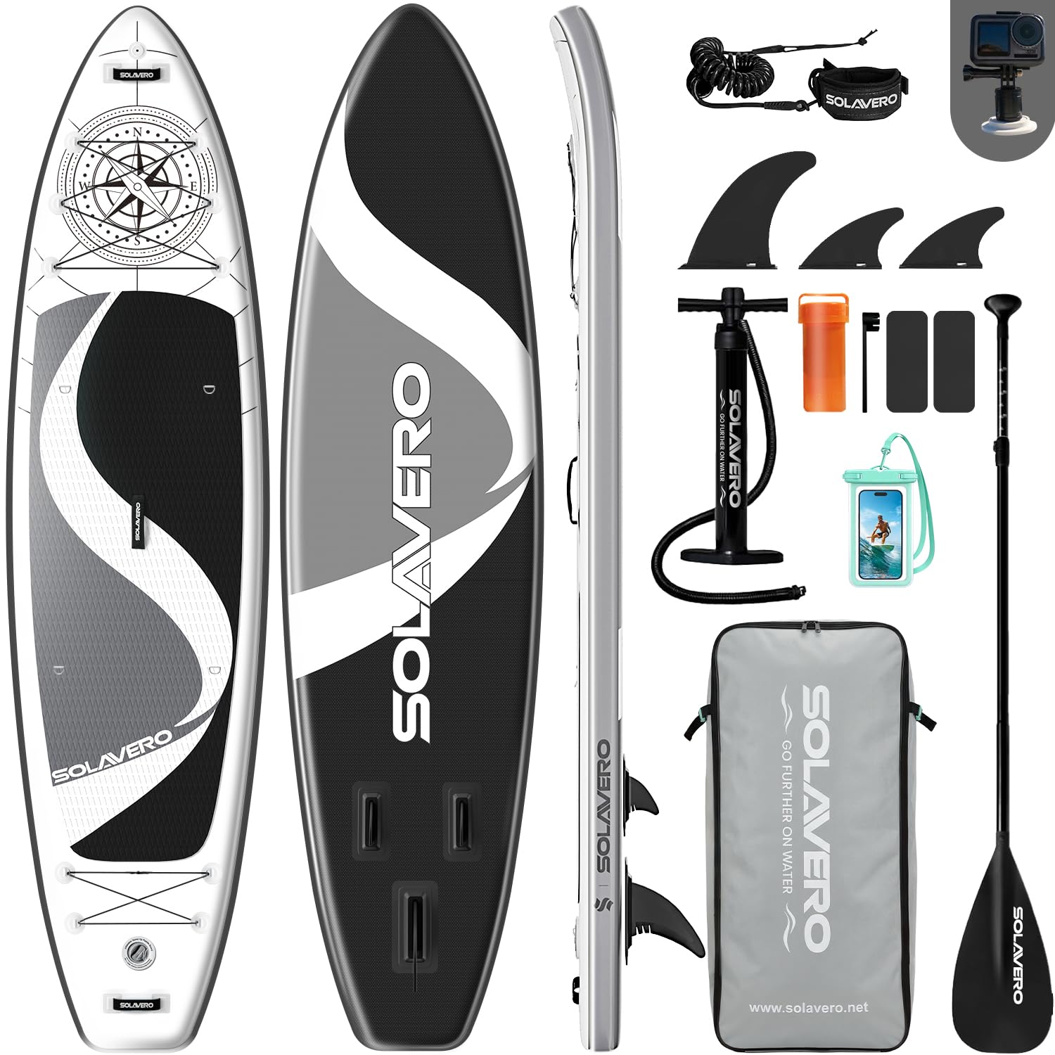 SOLAVERO Tavola SUP Gonfiabile Adulti 210kg Offerta, 350 x 89 x 15 cm Stand Up Paddle Board 2 Persone con Pompa, Pagaia Regolabile, Leash, Custodia Impermeabile e Zaino