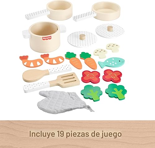 Miniatura 2 de Fisher-Price Juego de ollas y sartenes de juguete de cocina de madera, 19 piezas de madera, metal y tela para niños preescolares a partir de 3 años